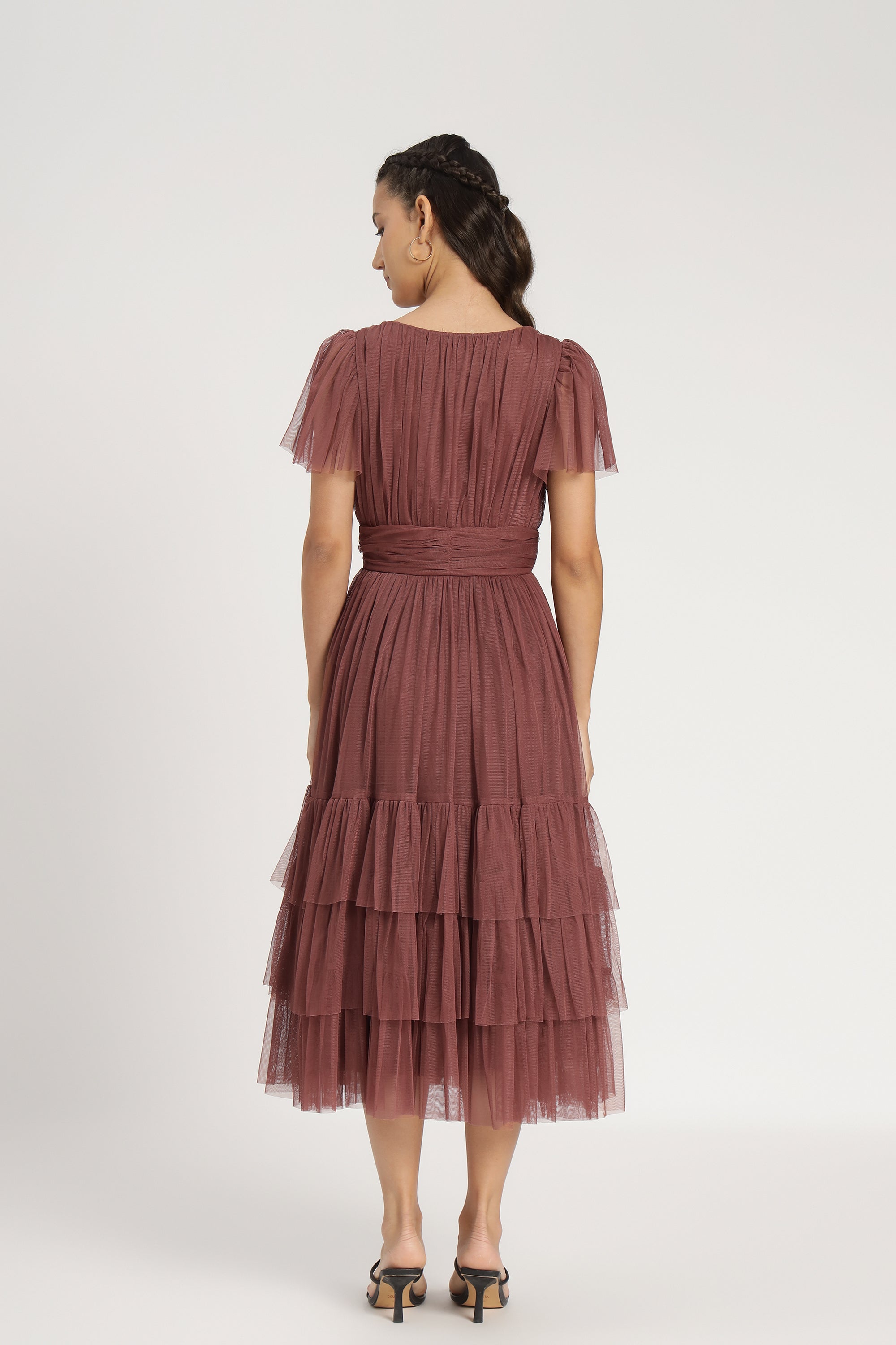 Madison Rose Brown Tulle Bridesmaid Midi Dress - Elegant Tea-Length Formal Gown for Weddings, Prom & Special Occasions