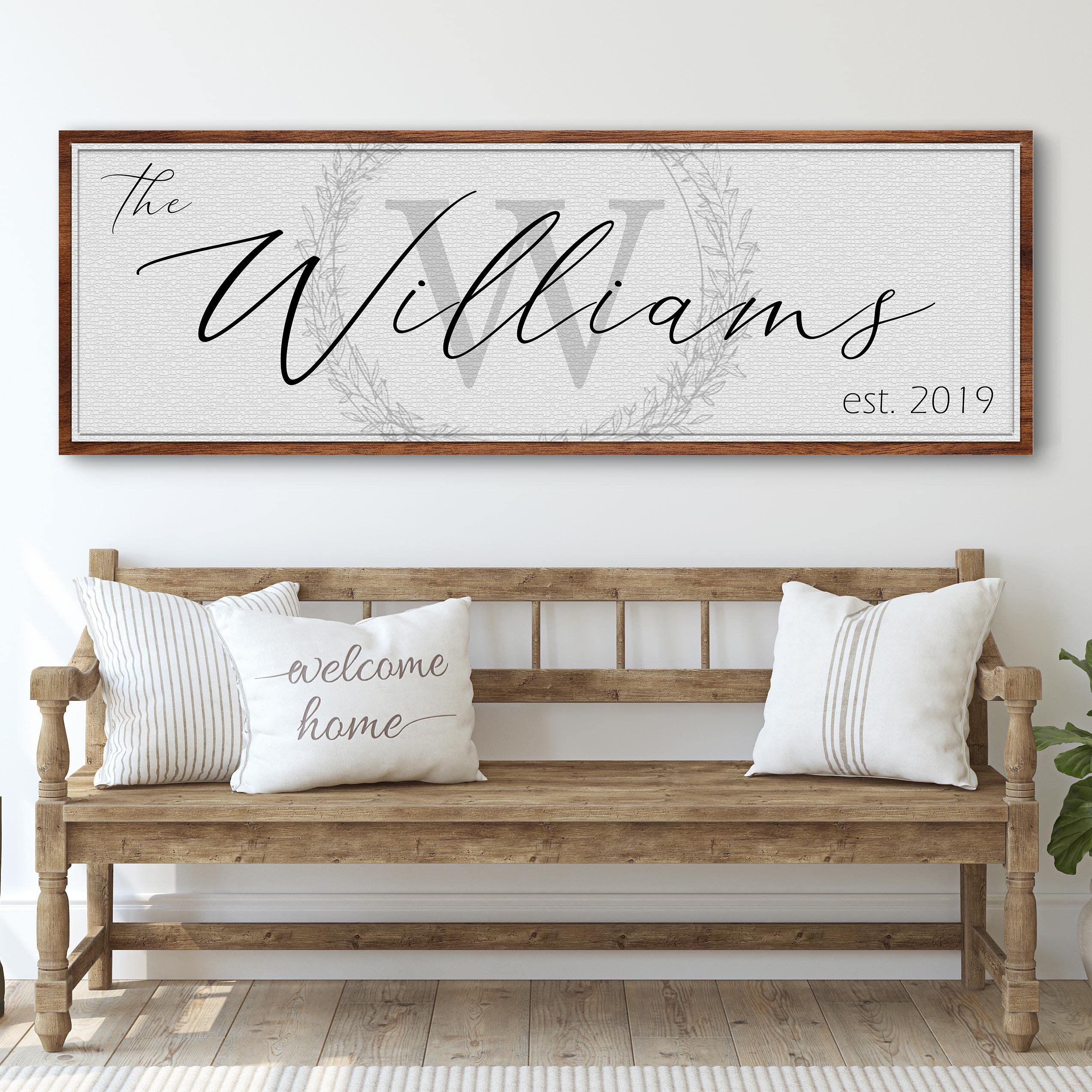 Personalized Family Name Sign - Custom Last Name Wall Decor Canvas for Living Room, Fireplace, Kitchen, Porch & Front Door - Monogram on White with Wooden Border - 60