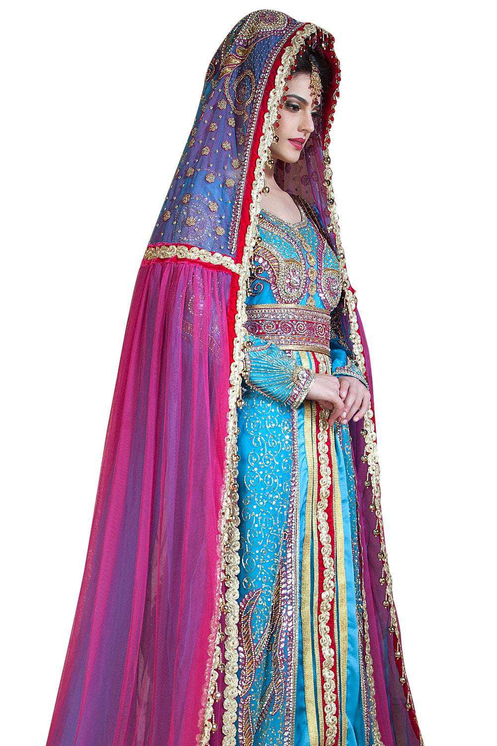 Elegant Arabic Muslim Wedding Caftan - Long Sleeve Dark Pink & Ferozi Designer Dress with Veil | Perfect for Bridal Ceremonies, Henna Nights & Special Occasions
