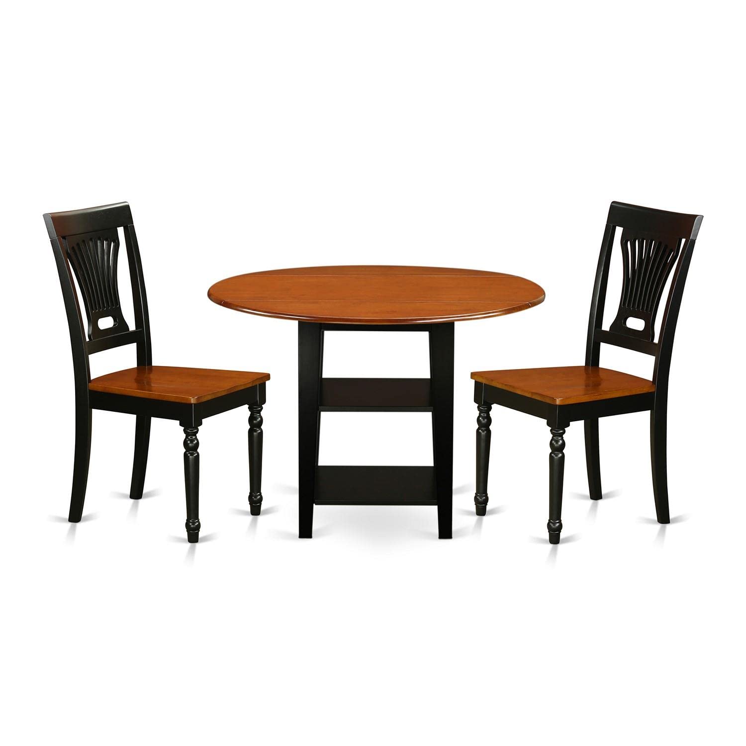 East West Furniture SUPL3-BCH-W 3-Piece Black & Cherry Dining Set - 42x42 Inch Round Drop Leaf Table with Storage Shelves & 2 Matching Chairs - Perfect for Small Kitchens, Breakfast Nooks & Apartment Dining Areas