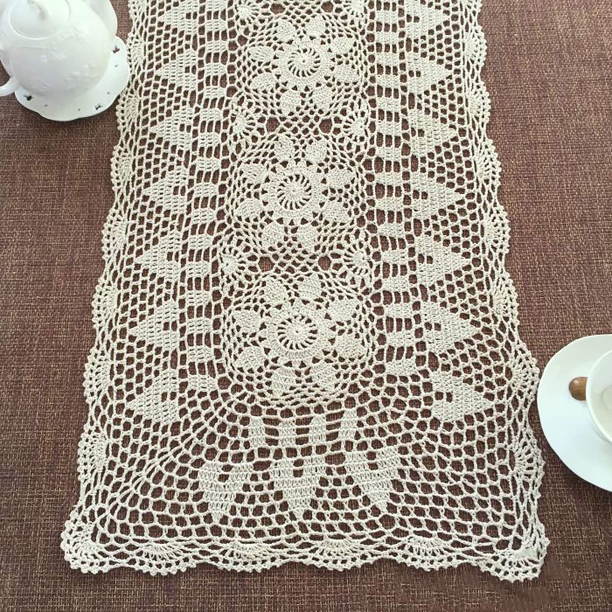Handmade Beige Crochet Cotton Table Runner & Lace Doilies Set - 16x24 Inch Rectangular Dresser Scarf for Bedroom Decor, Wedding, Tea Party & Vintage Home Decor