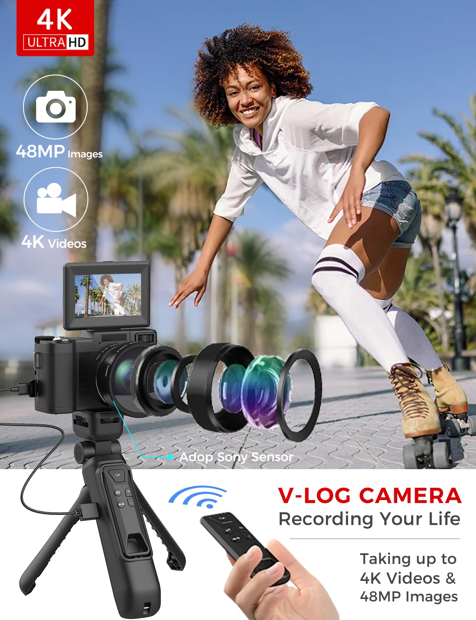 4K 48MP Vlogging Camera with Flip Screen & Autofocus - Digital Creator Kit Includes Tripod Grip, Wide-angle Lens, Macro Lens, Mic & Batteries - Perfect for YouTube Vlogging, Travel Photography & Content Creation