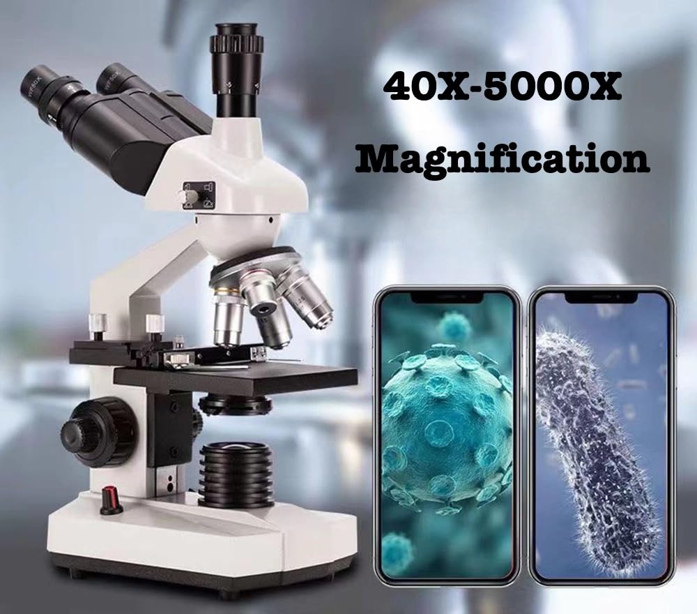 40X-5000X Professional Trinocular Compound Microscope for Adults & Lab Use - with WF10X & WF25X Eyepieces, Abbe Condenser, Microscope Slides - PC/Phone Screen Link Compatible - Perfect for Biological Research, Classroom Education & Scientific Exploration