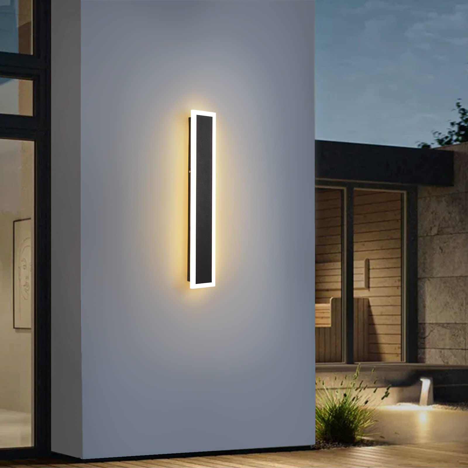 BIEOCUR 12W LED Outdoor Wall Sconce - Modern Black Porch Light with Frosted White Acrylic Shade - Waterproof Exterior Wall Lamp for Patio, Garage, Bathroom & Living Room - 23.6 Inch Contemporary Lighting for Home & Garden Decor