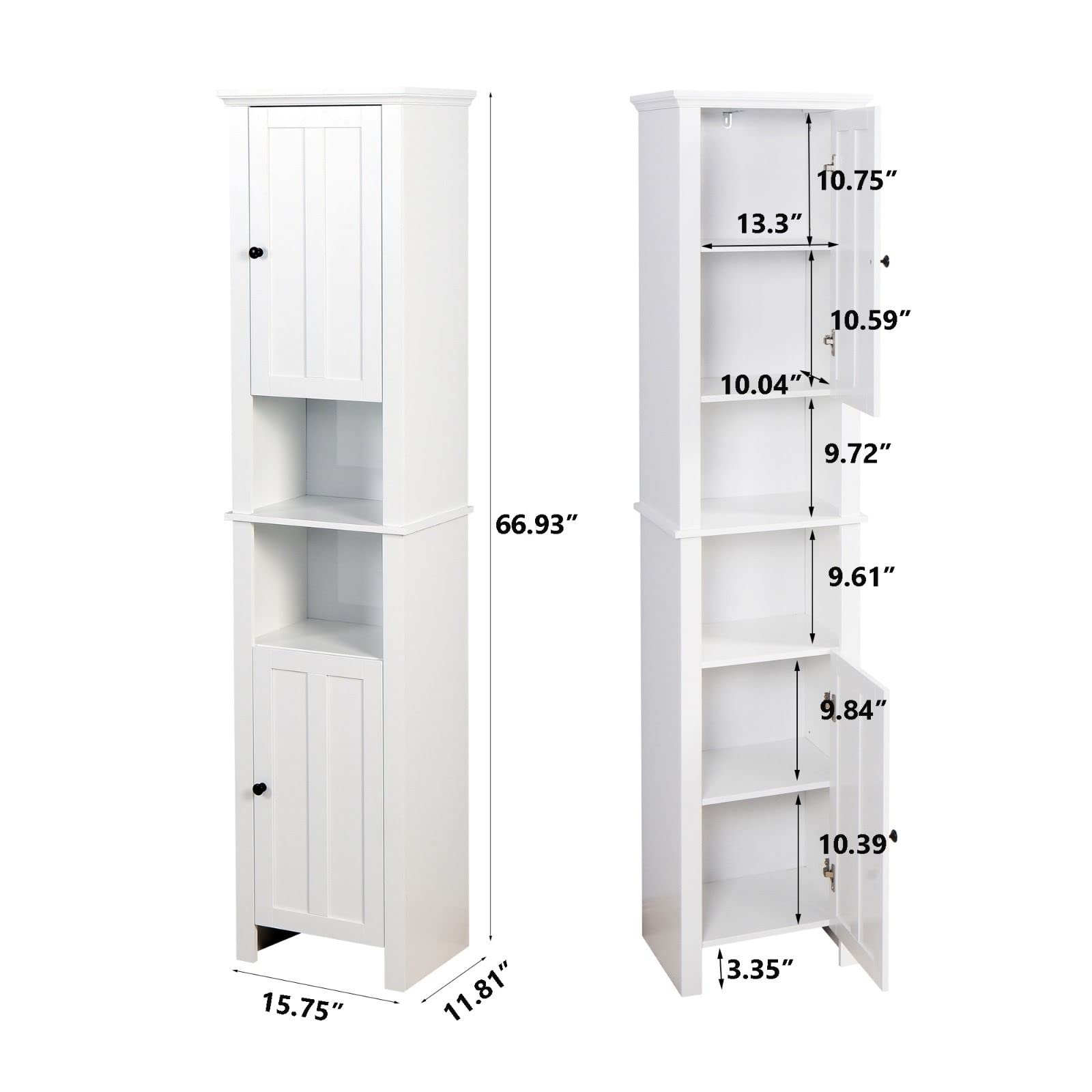 Tall Narrow Storage Cabinet - Multifunctional White Cabinet with 2 Open Shelves & Cupboard | Perfect for Bedroom, Bathroom, or Kitchen Organization