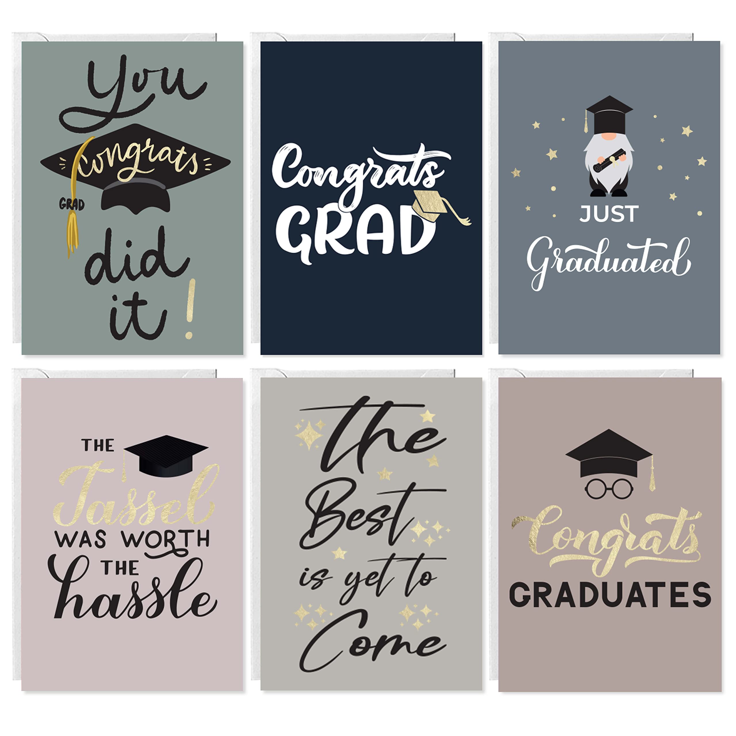 Premium Graduation Cards with Envelopes - 24 Pack (6 Gold Foil Designs, 4 Each) | 5.5