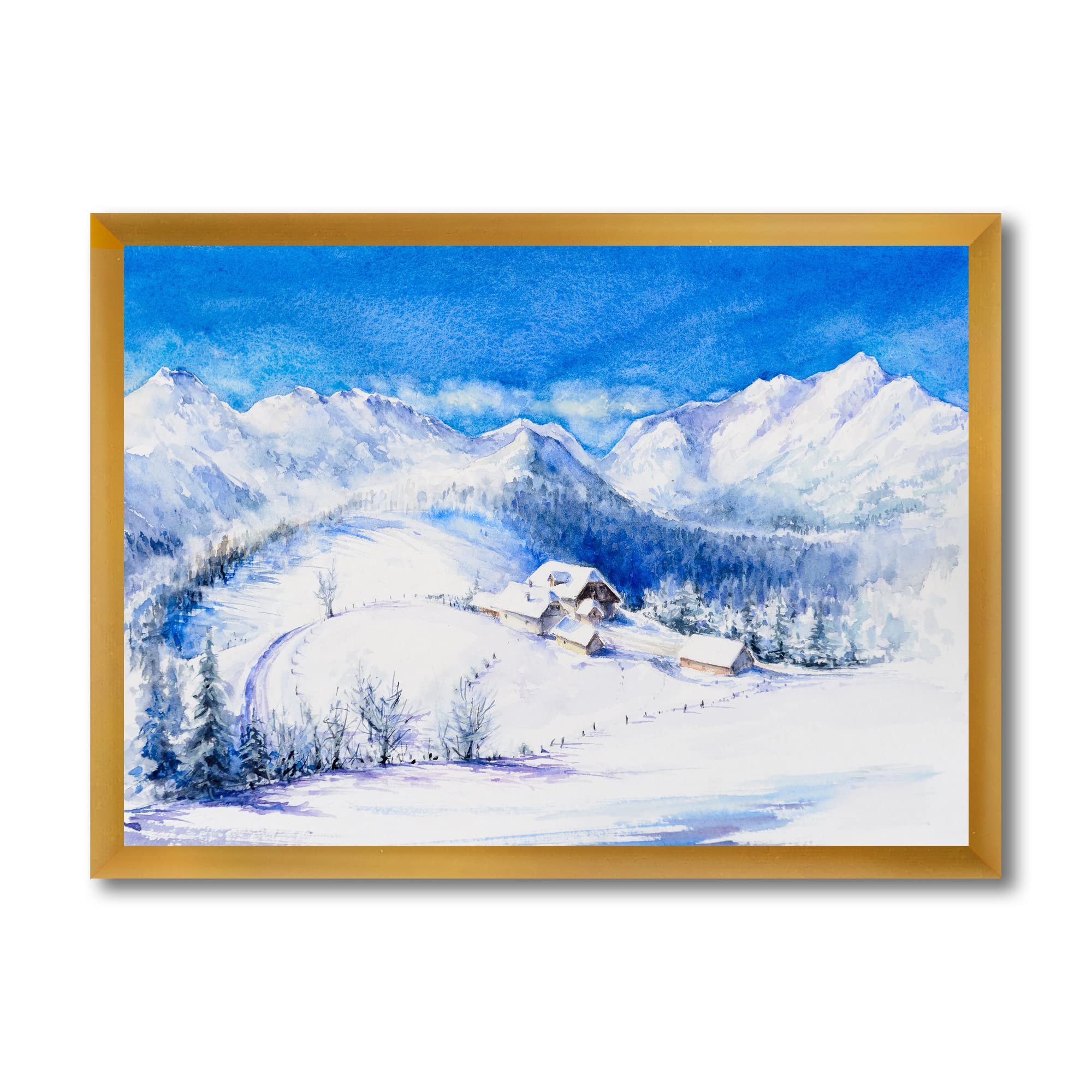 Winter Mountain Landscape With Wooden House - Traditional Framed Wall Art Decor for Living Room, Bedroom & Office - Cozy Cabin Scene Painting for Home & Gifts