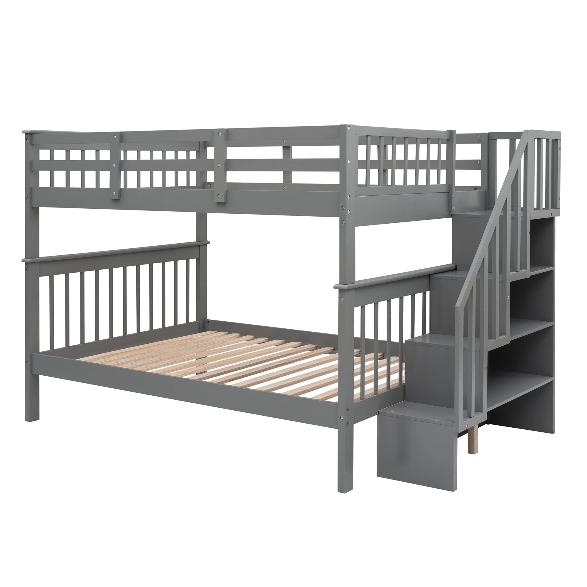 Harper & Bright Designs Full Over Full Bunk Bed with Wood Stairway, Storage & Guard Rail - Convertible Gray Bunk Bed for Kids, Teens & Guest Rooms - Perfect for Small Spaces, Dormitories & Vacation Homes