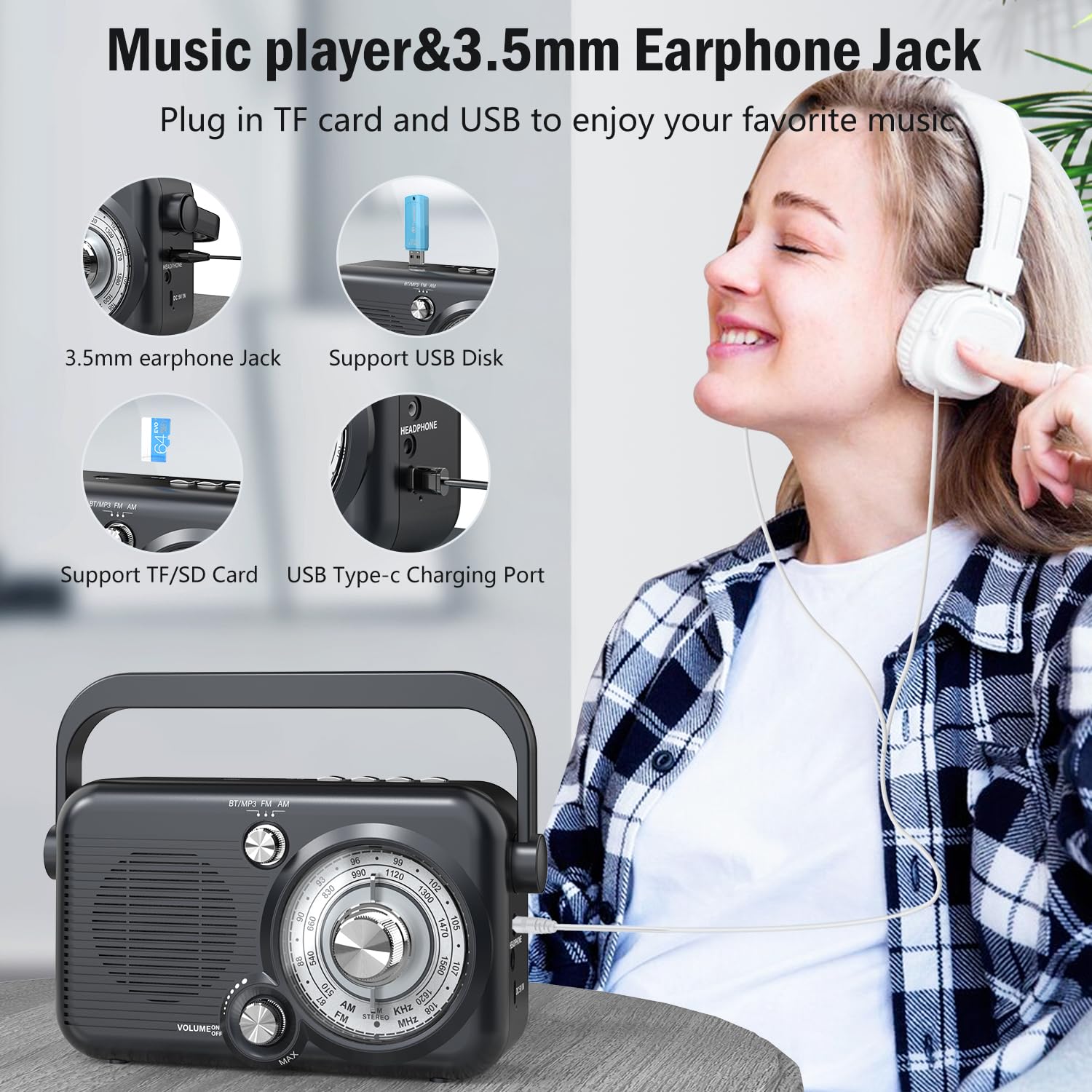 Portable AM FM Radio with Bluetooth, 2000mAh Rechargeable Battery, Best Reception, Supports SD Card & USB MP3 Player, Loud Speaker - Perfect for Camping, Emergencies, and Outdoor Activities