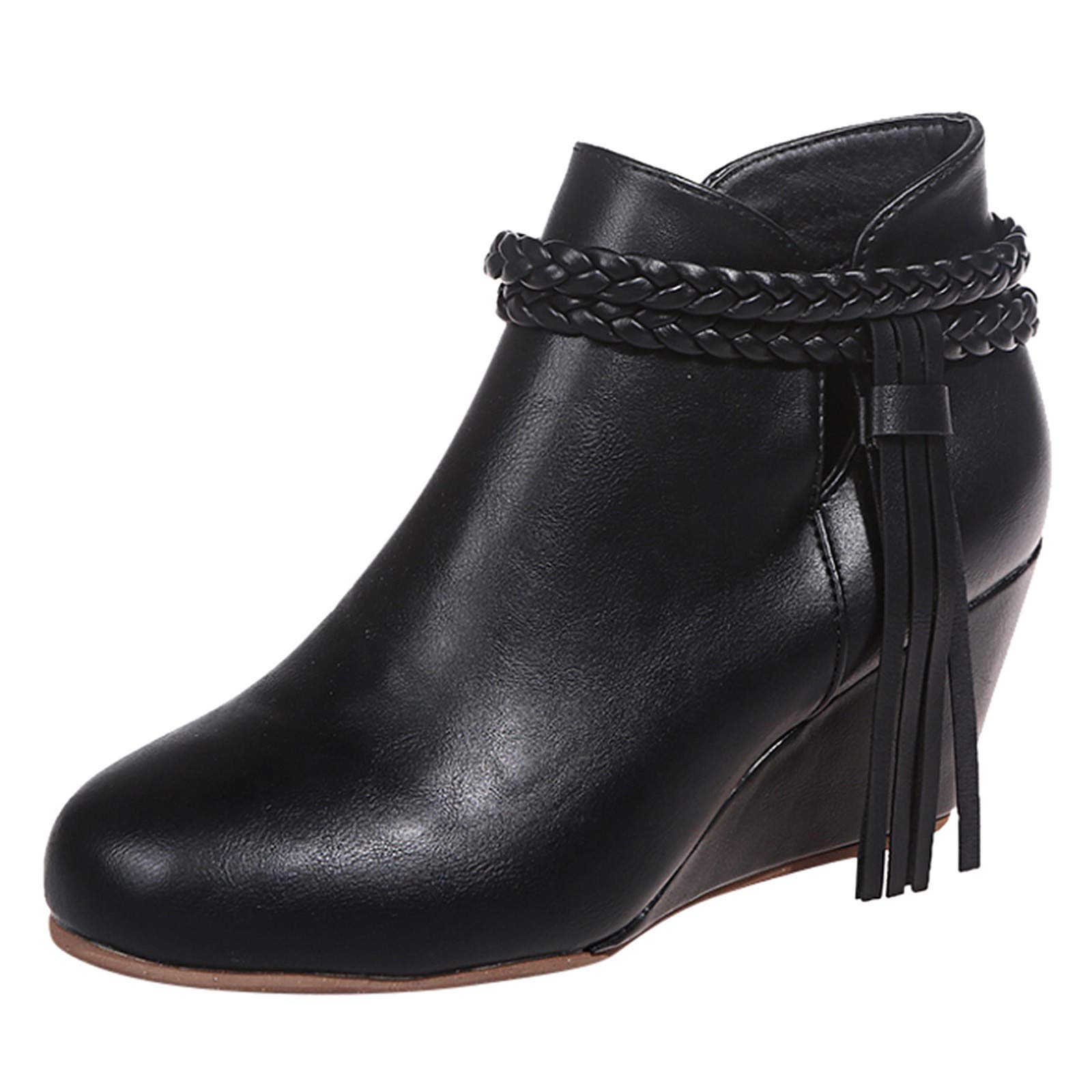 2021 Women's Retro Leather Ankle Booties with Tassel Wedges, Zipper & Embroidery - Flat Round Toe Short Boots for Casual Wear & Office Outfits