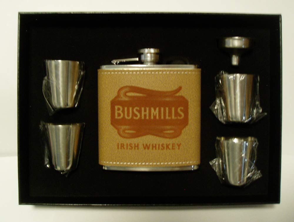 Bushmills Whiskey Leather 6 oz Stainless Steel Flask Set with 4 Shot Glasses & Funnel - Premium Black Gift Box for Men, Whiskey Lovers - Perfect for Travel, Camping, Gifts & Special Occasions