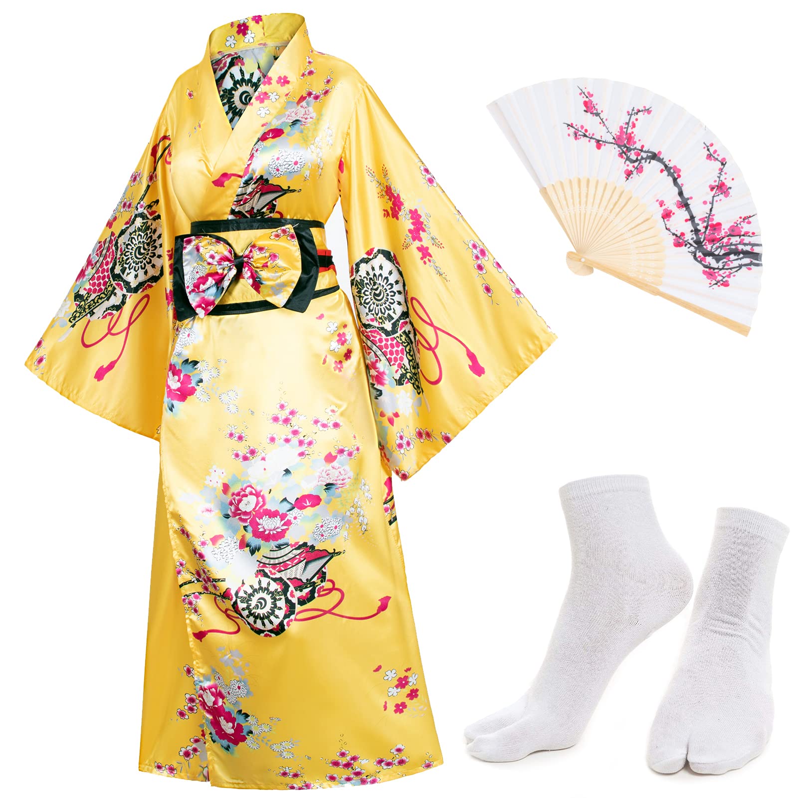 Japanese Anime Women's Kimono Robe - Geisha Yukata Sweet Dress with Blossom Satin Bathrobe & Sleepwear Set - Perfect for Cosplay, Halloween Costume, Spa Relaxation and Themed Parties