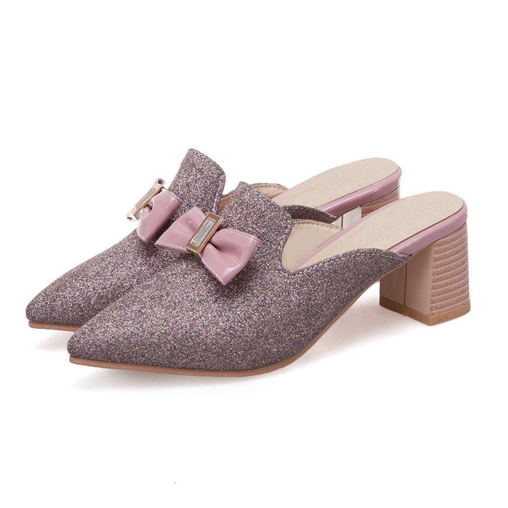 Mioke Women's Pointed Toe Bow Mules - Slip On Loafers with Glitter Backless Design, Low Block Heel Dress Shoes for Casual Wear, Office & Party Occasions
