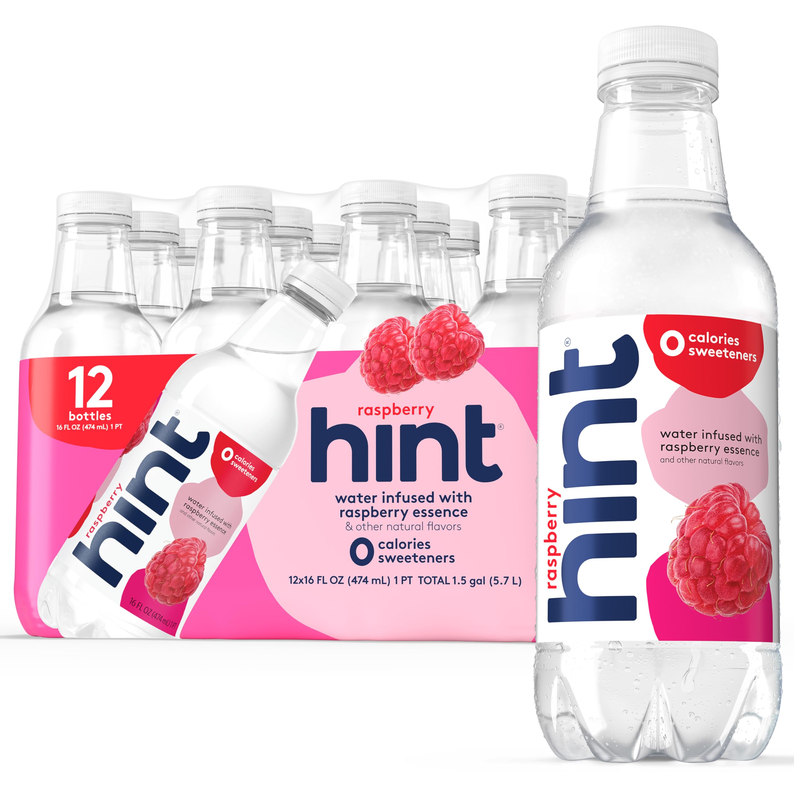 Hint Raspberry Flavored Water - Zero Calorie, Sugar Free, Naturally Flavored Purified Bottled Water - 16 Fl Oz (Pack of 12) - Perfect for Hydration, Gym, Office & On-The-Go Lifestyle