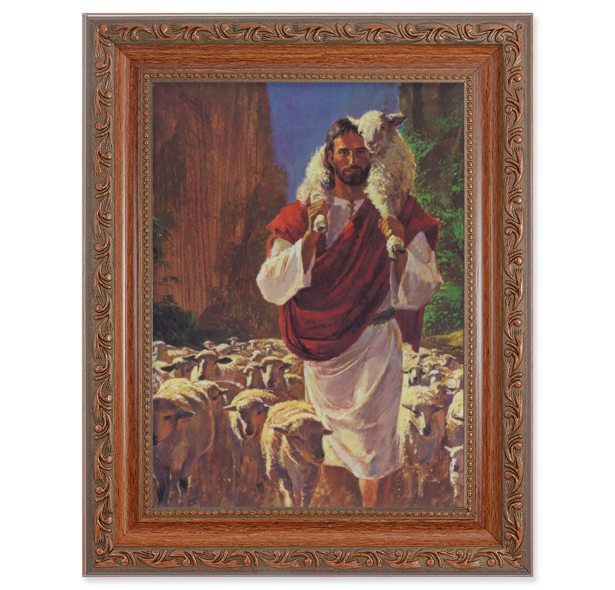 Good Shepherd Framed Wall Art - Medium Size Antique Dark Mahogany Wood Frame with Acanthus Leaf Carvings - Perfect for Home Decor, Church, Office & Gift Giving