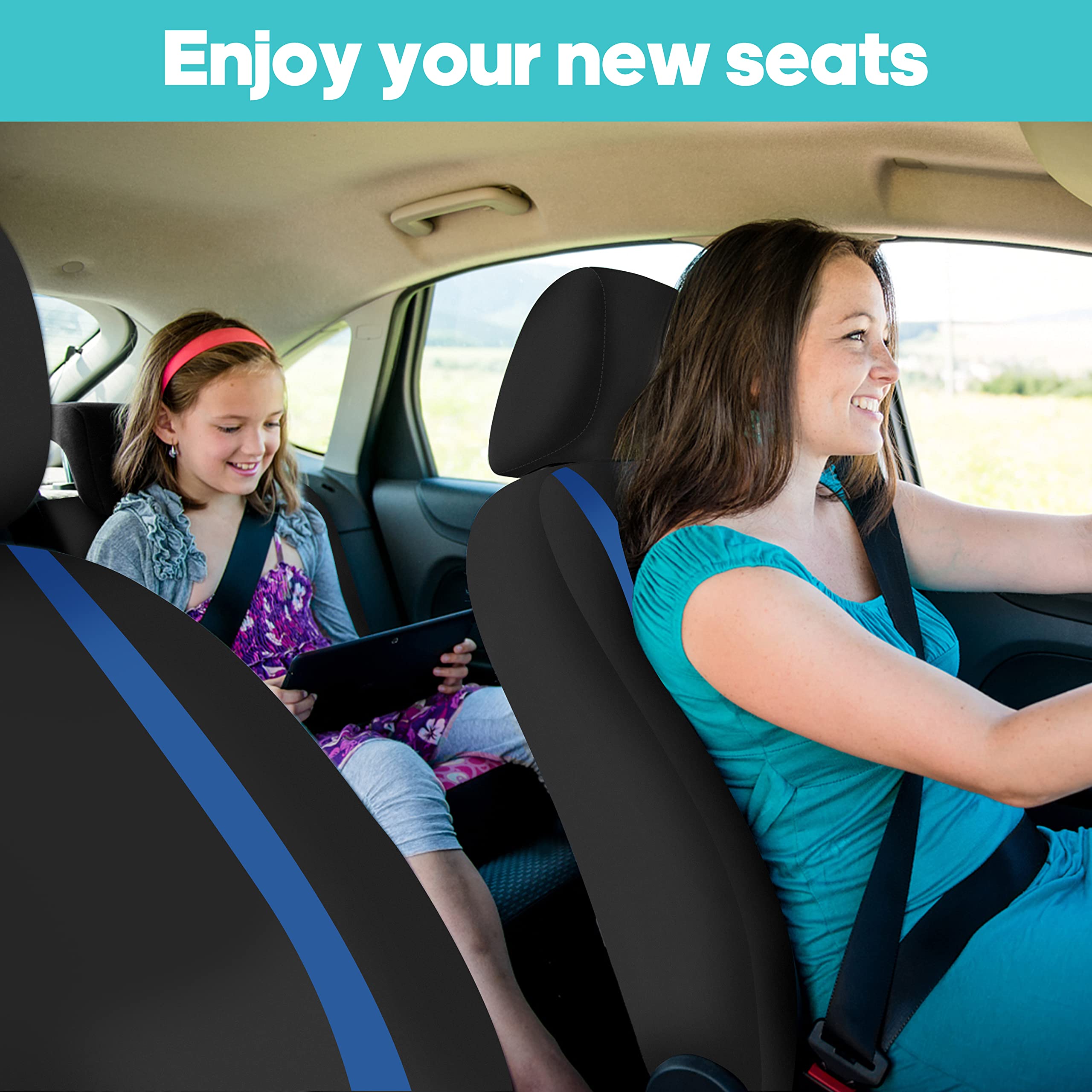 FH Group Universal Fit Car Seat Covers Full Set - Washable Cloth Seat Protectors for SUV, Sedan & Van (Blue) | Perfect for Daily Commute, Road Trips & Protecting Seats from Pets