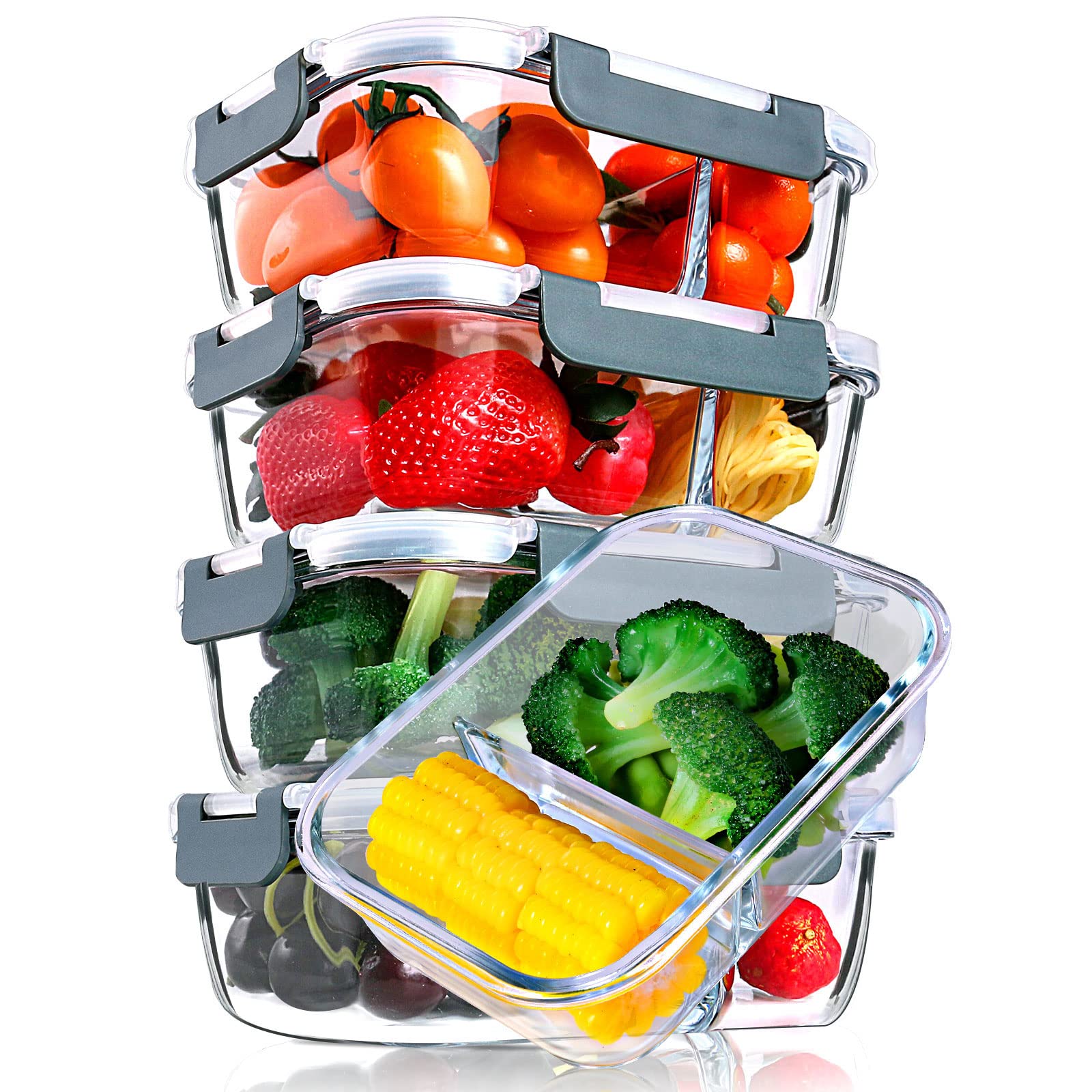 5-Pack 29 Oz Glass Meal Prep Containers with 2 Compartments & Snap Locking Lids - BPA-Free, Microwave, Oven, Freezer & Dishwasher Safe - Perfect for Portion Control, Healthy Eating & Food Storage