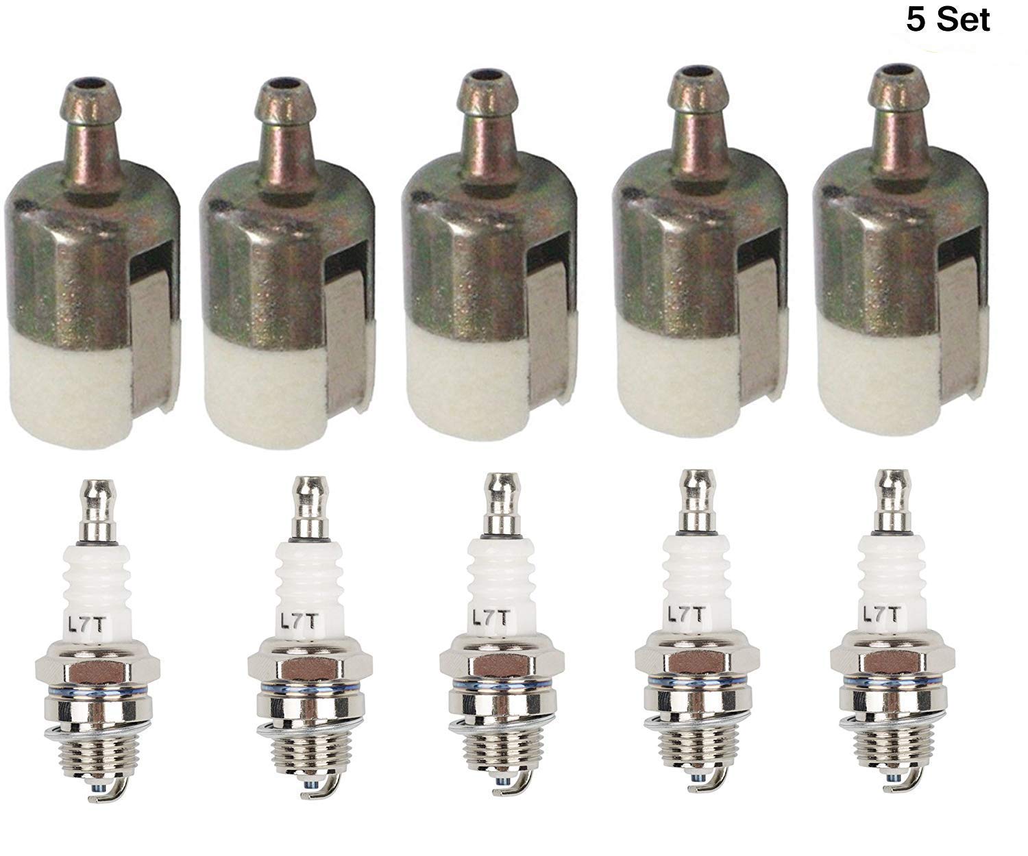 HIFROM 5-Pack Fuel Filter & Spark Plug Replacement Kit for Walbro 125-527, Echo 131-205-07320, Robin 3112, Shindaiwa T230 T231, Stihl FC75 FS85 - Compatible with String Trimmer, Edger & Backpack Blower - High Performance Engine Maintenance Parts