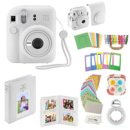 Fujifilm Instax Mini 12 Instant Camera Bundle - Clay White with Case, Stickers, Photo Album & Frames | Perfect for Parties, Travel & DIY Scrapbooking Memories