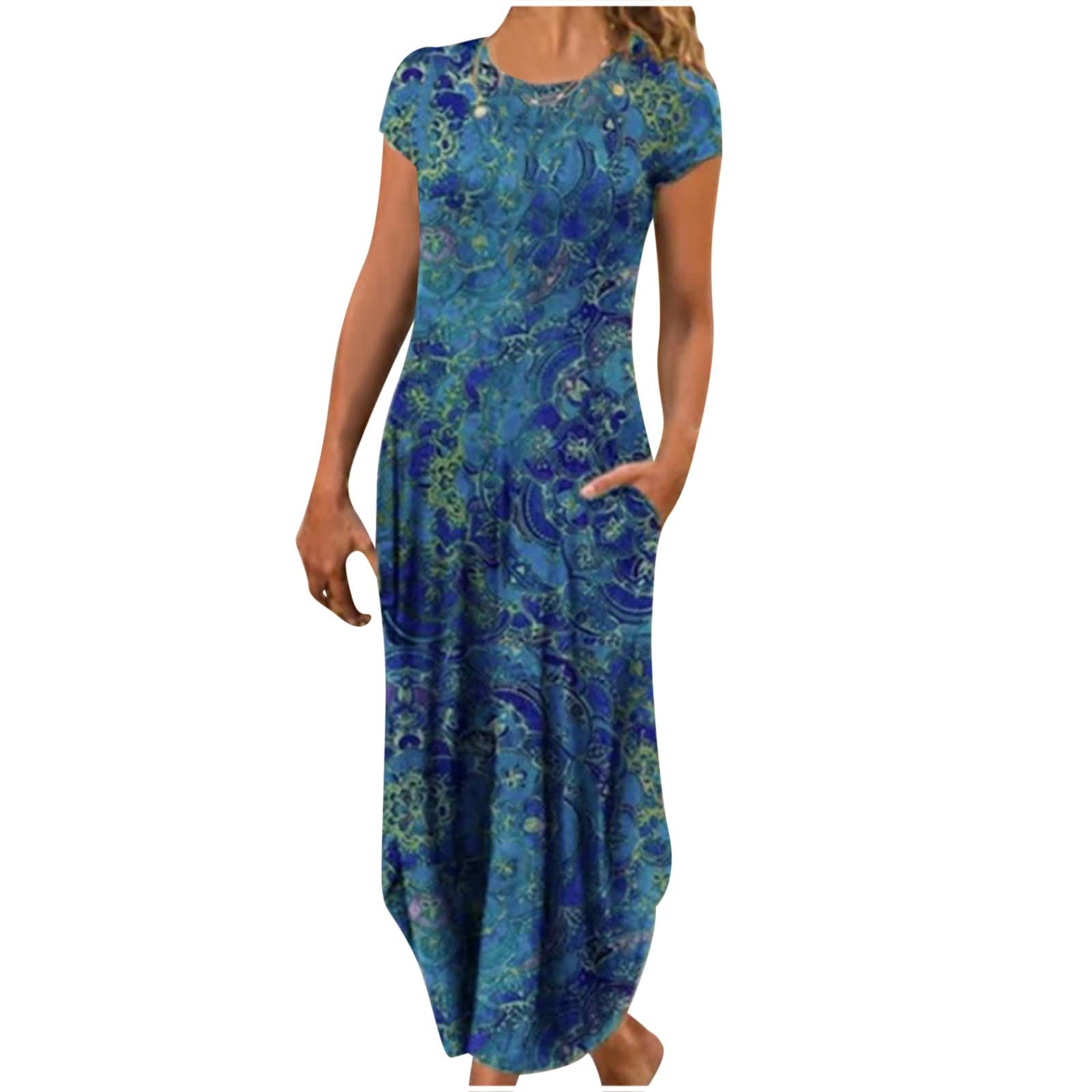 Vintage Graphic Print Women's Summer Maxi Dress - Casual Short Sleeve Crewneck Flowy Long Dress for Beach, Vacation & Everyday Wear | Elegant Slim Fit Boho Style Dress
