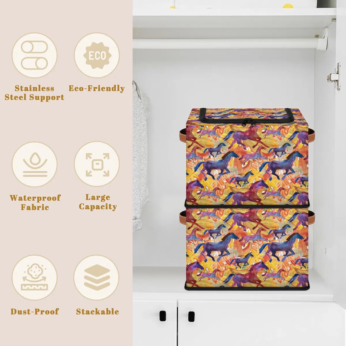 2-Pack Stackable Storage Bins with Zipper Lid & Metal Frame - PU Handled Closet Organizer Cubes for Clothes, Shoes & Seasonal Items | Perfect for Bedroom, Closet & Fall/Winter Storage Organization