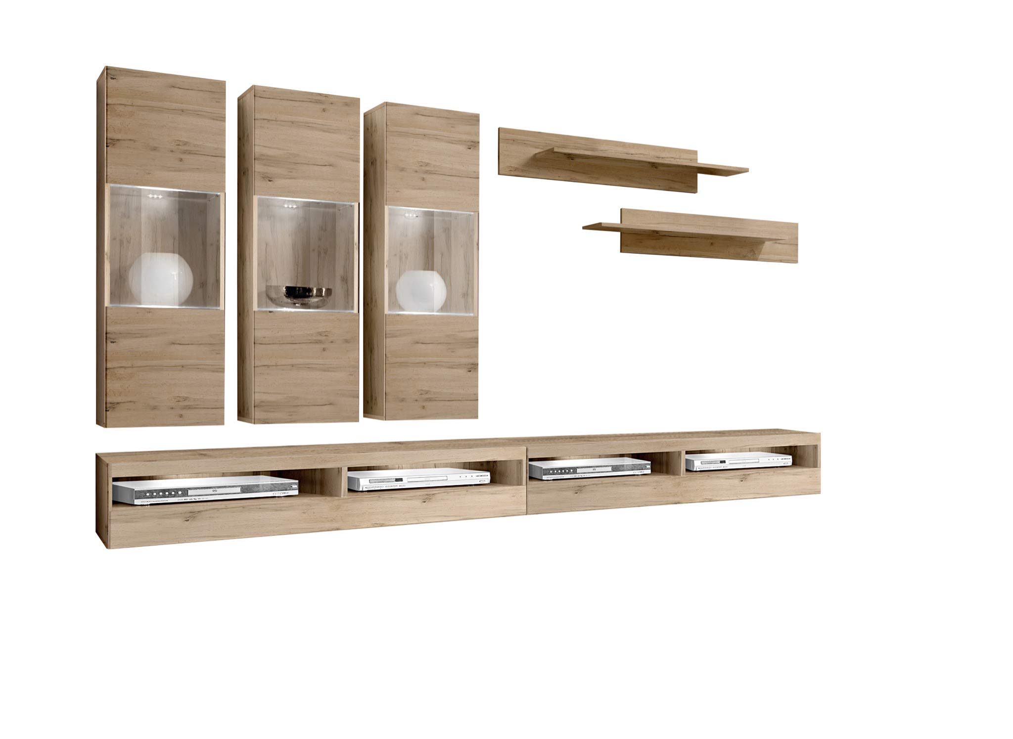 Modern Oak TV Stand - Wall-Mounted Entertainment Center with Storage Shelves for Living Room & Bedroom - Fly E2 35 TV Console - Perfect for Small Spaces & Home Theater Setup