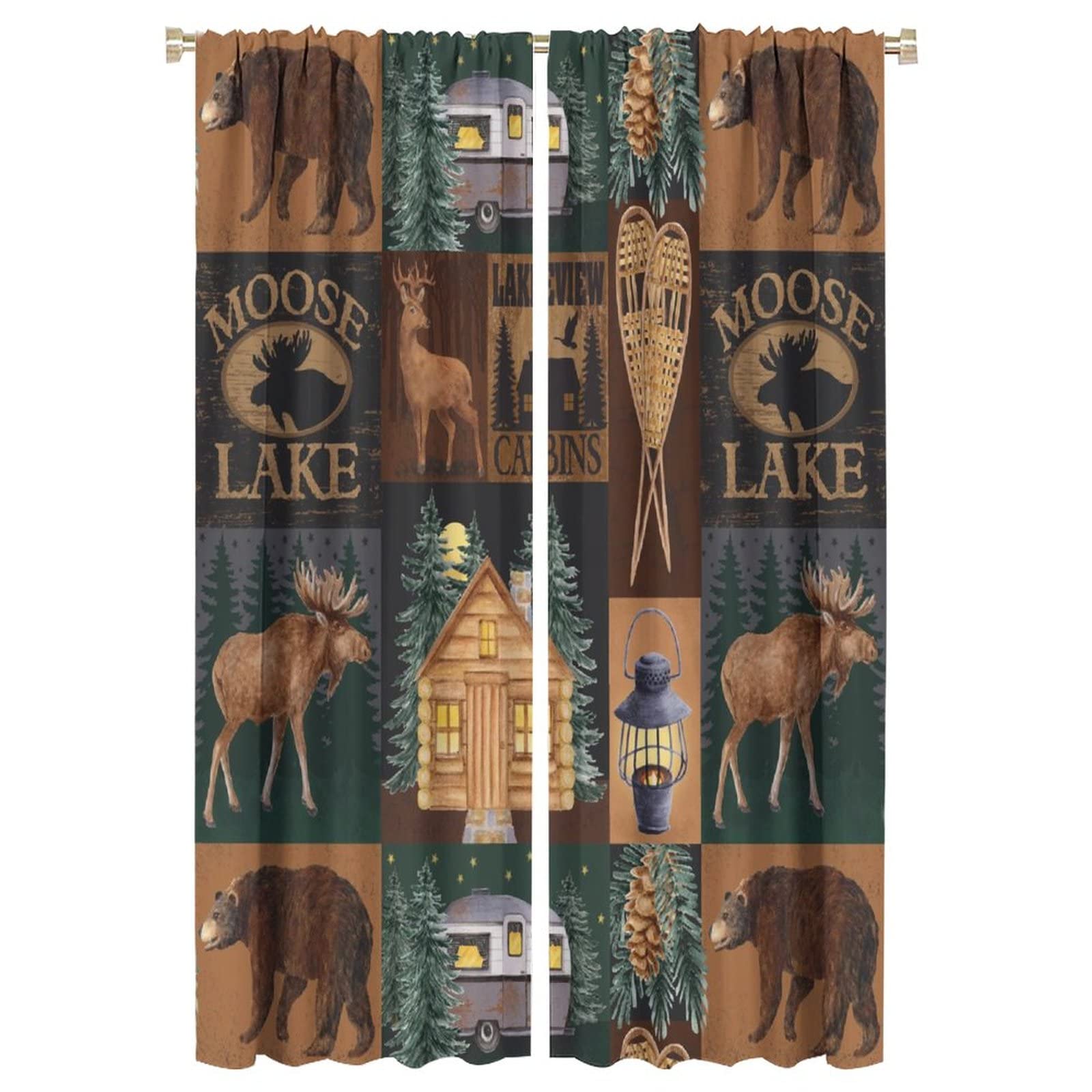 Vintage Bear Plaid Blackout Curtains - Country Farmhouse Wildlife Elk Silhouette Window Drapes for Bedroom & Home Decor, 42x63 Inches - Perfect for Cozy Cabins, Rustic Themed Rooms & Privacy