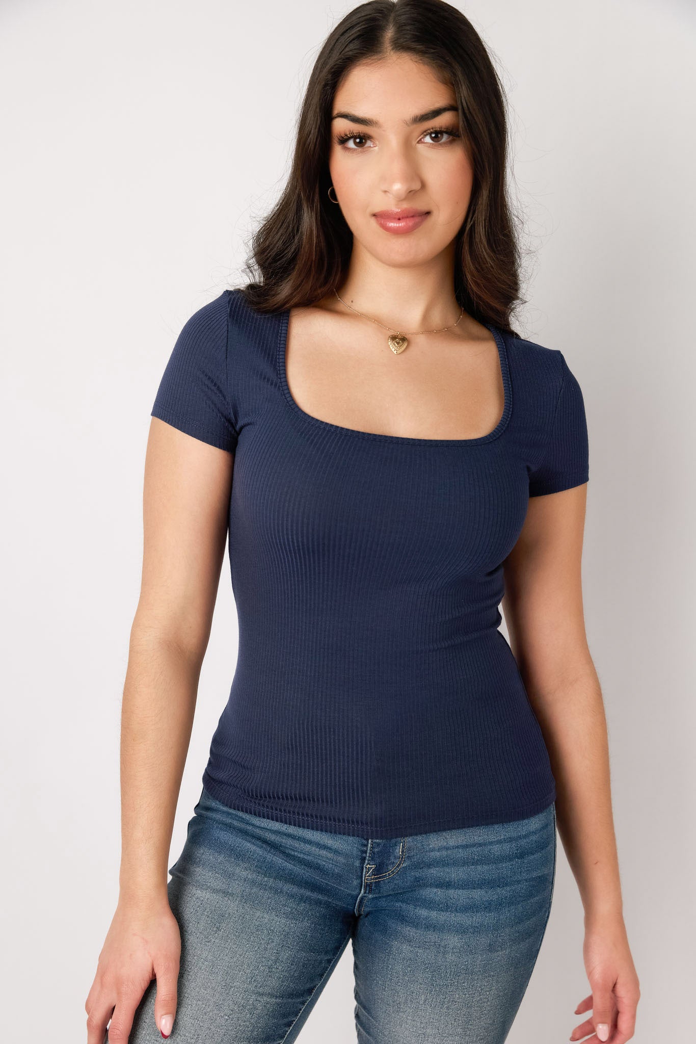 Stylish Ribbed Square Neck Tee for Women - Soft Stretch Cotton Casual T-Shirt - Perfect for Everyday Wear, Layering & Outfit Pairing
