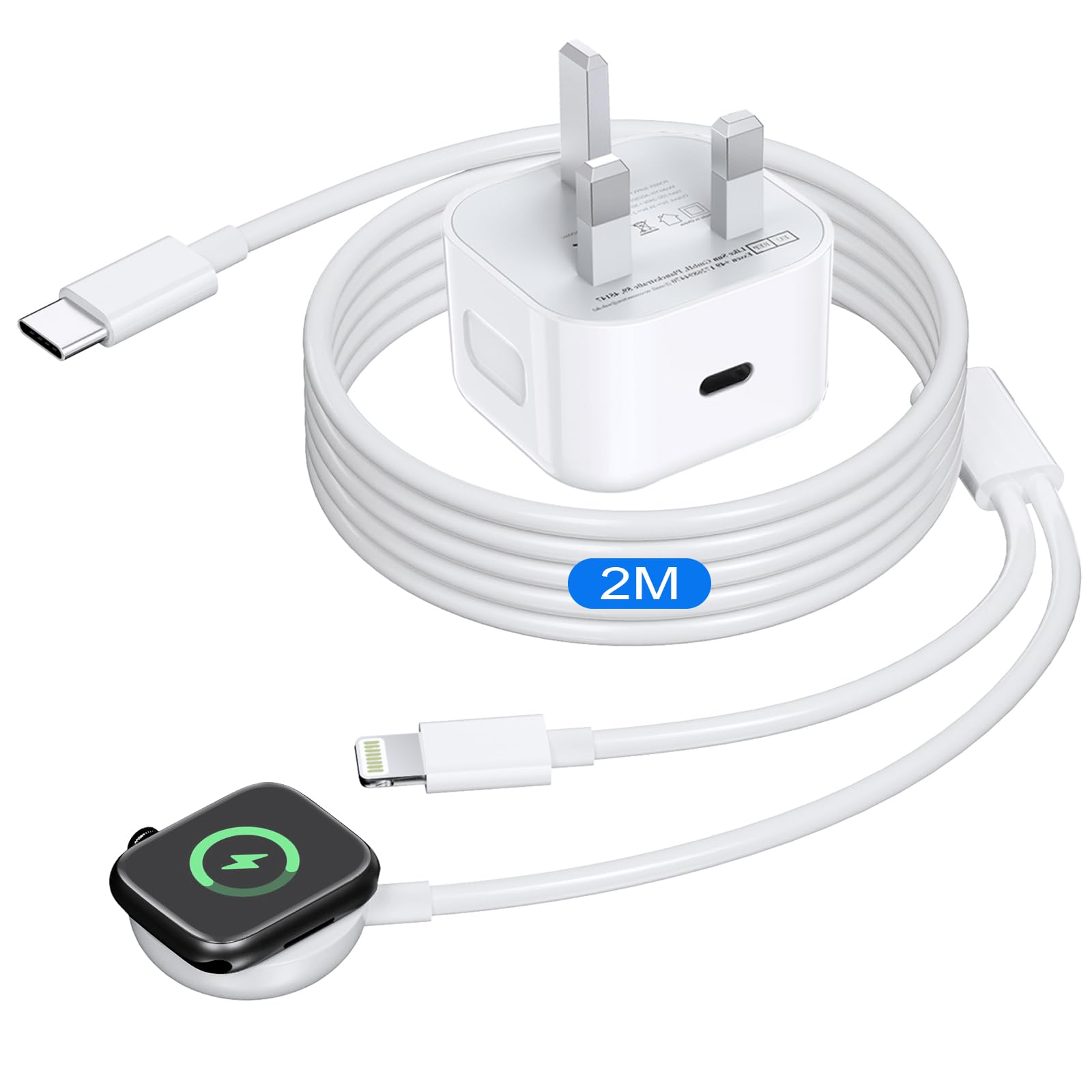 2 in 1 Apple Watch Charger Cable 2M with 20W USB C Fast Charger - Compatible with Apple Watch Series 9/8/7/6/5/4/3/SE/Ultra & iPhone 14/13/12/11 - Perfect for Travel, Office and Home Charging