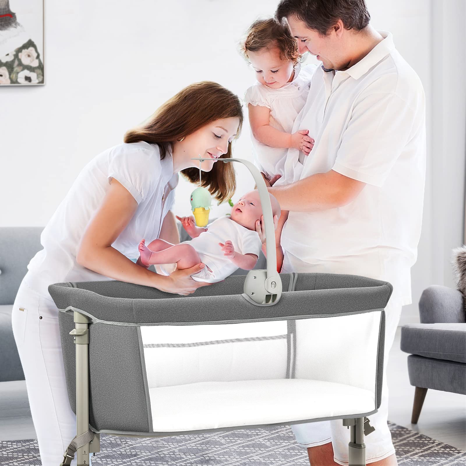 RONBEI Adjustable Baby Bassinet Bedside Sleeper - Easy to Assemble Newborn Crib with Height Adjustment for Safe Co-Sleeping | Perfect for Nursery, Bedroom & Travel Use