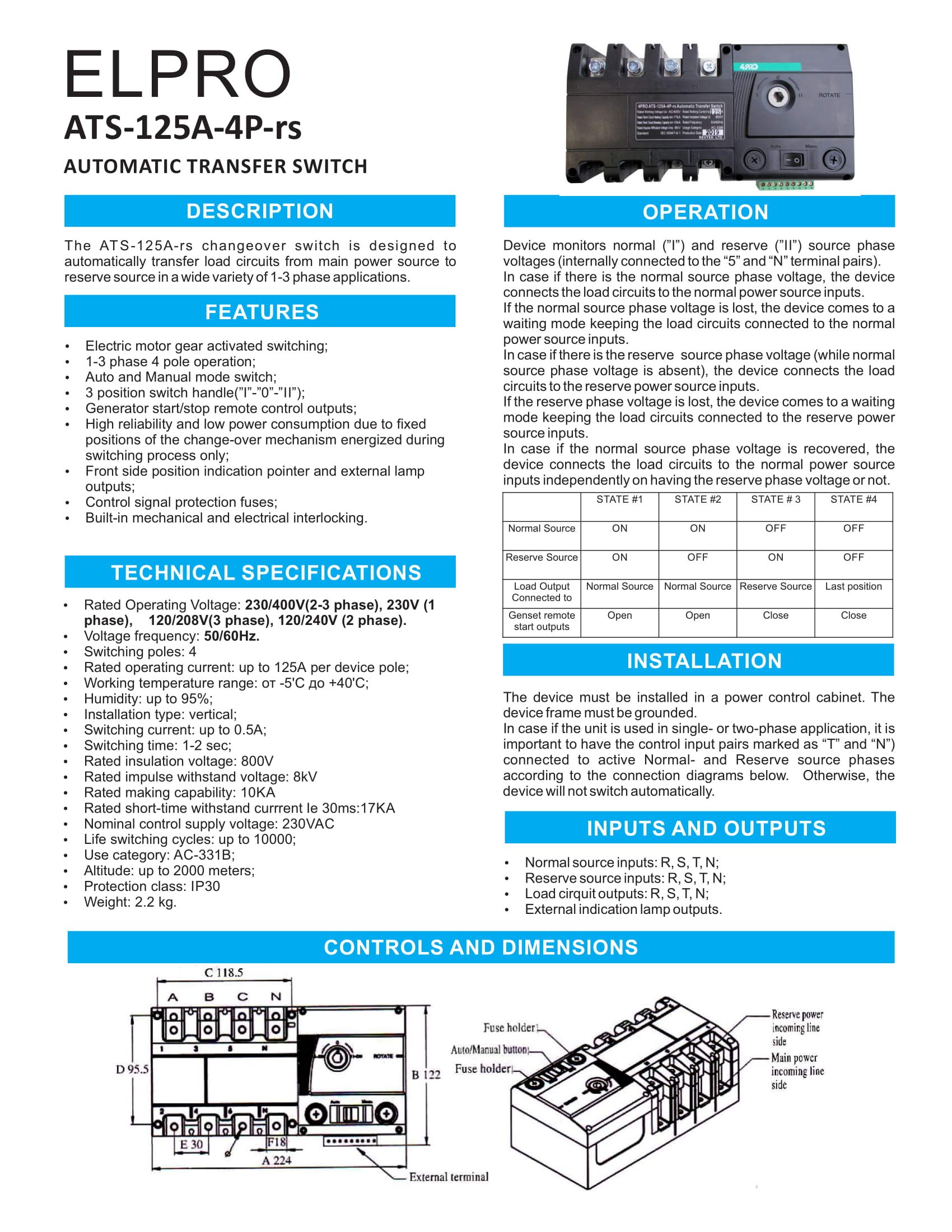 4PRO ATS-125A-4P-RS Automatic Transfer Switch 50/60Hz 125A 4 Pole - Reliable Power Backup for Home, Office & Emergency Use