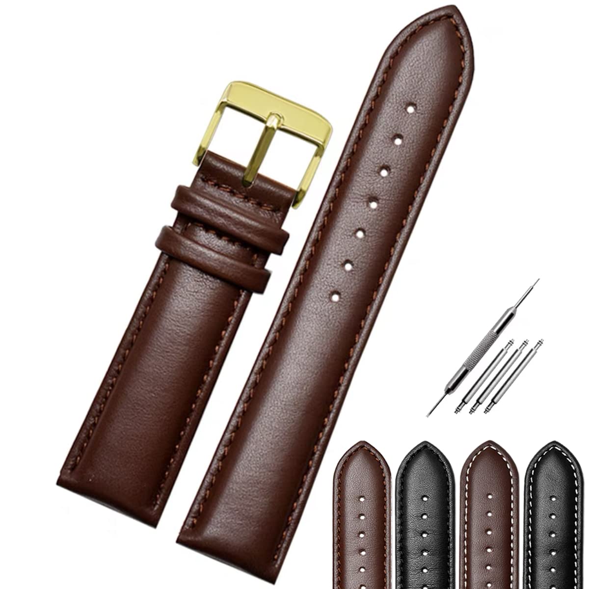 Premium Top Grain Leather Watch Band with Gold Buckle Pin & Stitching – Jaxon Strap Replacement for Men & Women (Brown/Black) – Fits Most Watches – Ideal for Daily Wear, Business & Casual Occasions