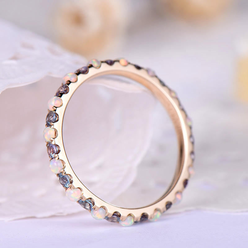 Opal and Alexandrite Wedding Band - Full Eternity Ring in 14K/18K Gold for Women | Elegant Bridal Jewelry, Anniversary Gift, Engagement Ring Alternative