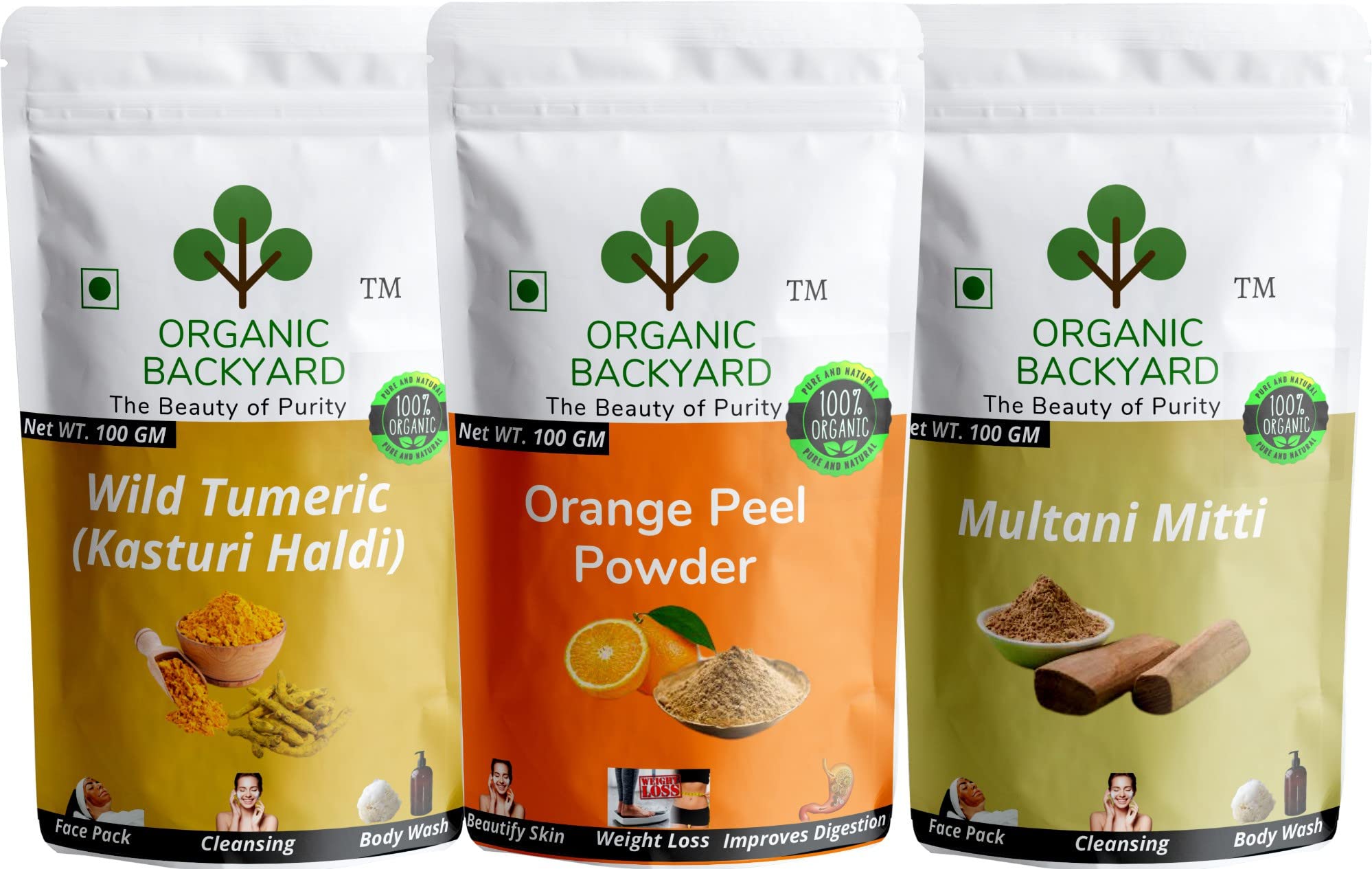 Organic Wild Turmeric & Multani Mitti Face Mask Combo – 100% Natural Kasturi Haldi & Orange Peel Powder for Glowing Skin (100g Each) – Perfect for Acne Treatment, Brightening & DIY Skincare at Home