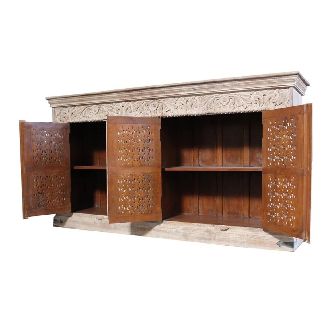 Hand Carved Solid Wood Buffet Table - Antique Indian Style 4-Door Sideboard Cabinet for Dining Room Storage & Kitchen Organization