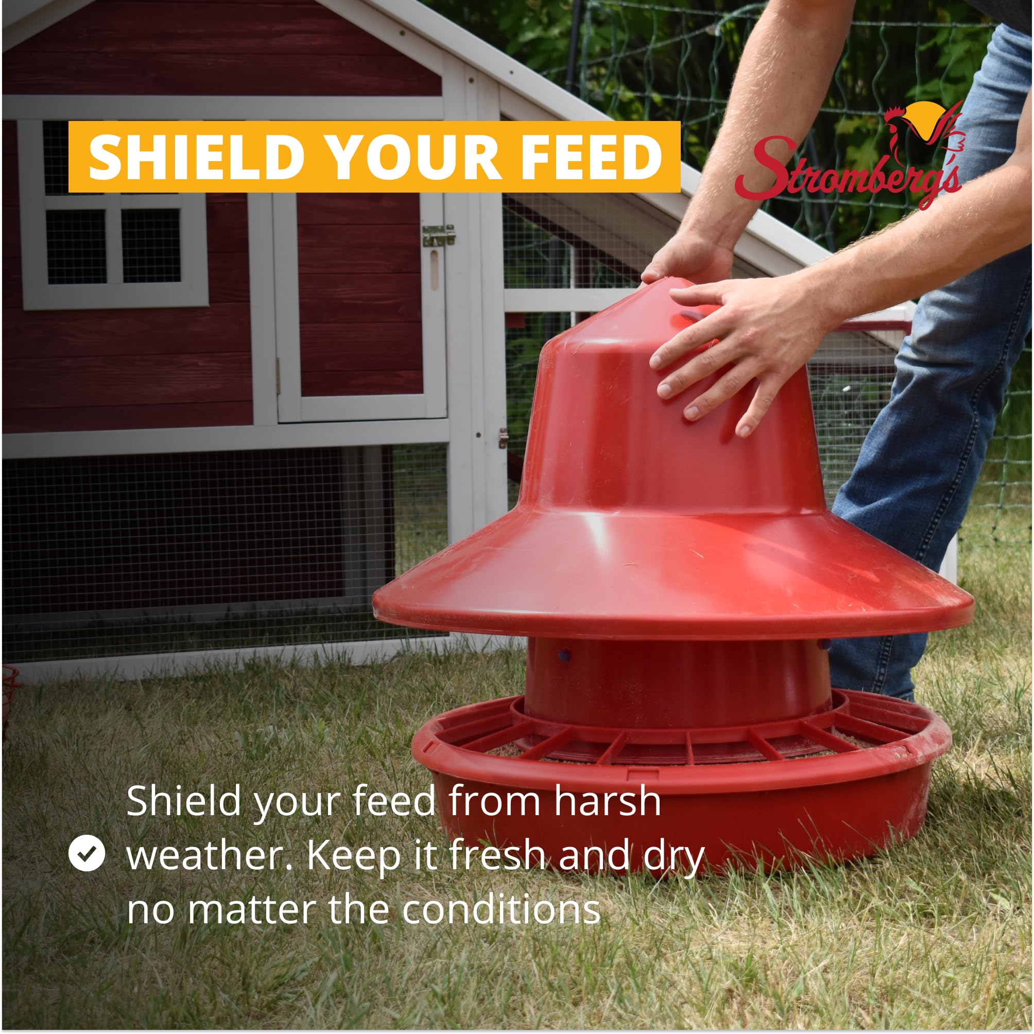 Stromberg's 50 lb Rain Shield Chicken Feeder - Large Capacity Poultry Feeder with Durable Plastic Lid - Easy Fill Design & Feed Saving Grill - 24