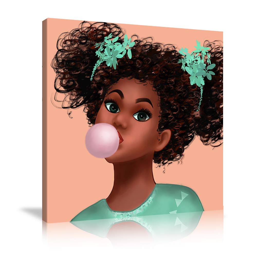 AMEMNY Afro Women Wall Art Print - Black Girl Canvas Painting for Kids Room & Girls Bedroom Decor - Ready to Hang Wall Picture - Perfect for Nursery, Living Room & African American Home Decor