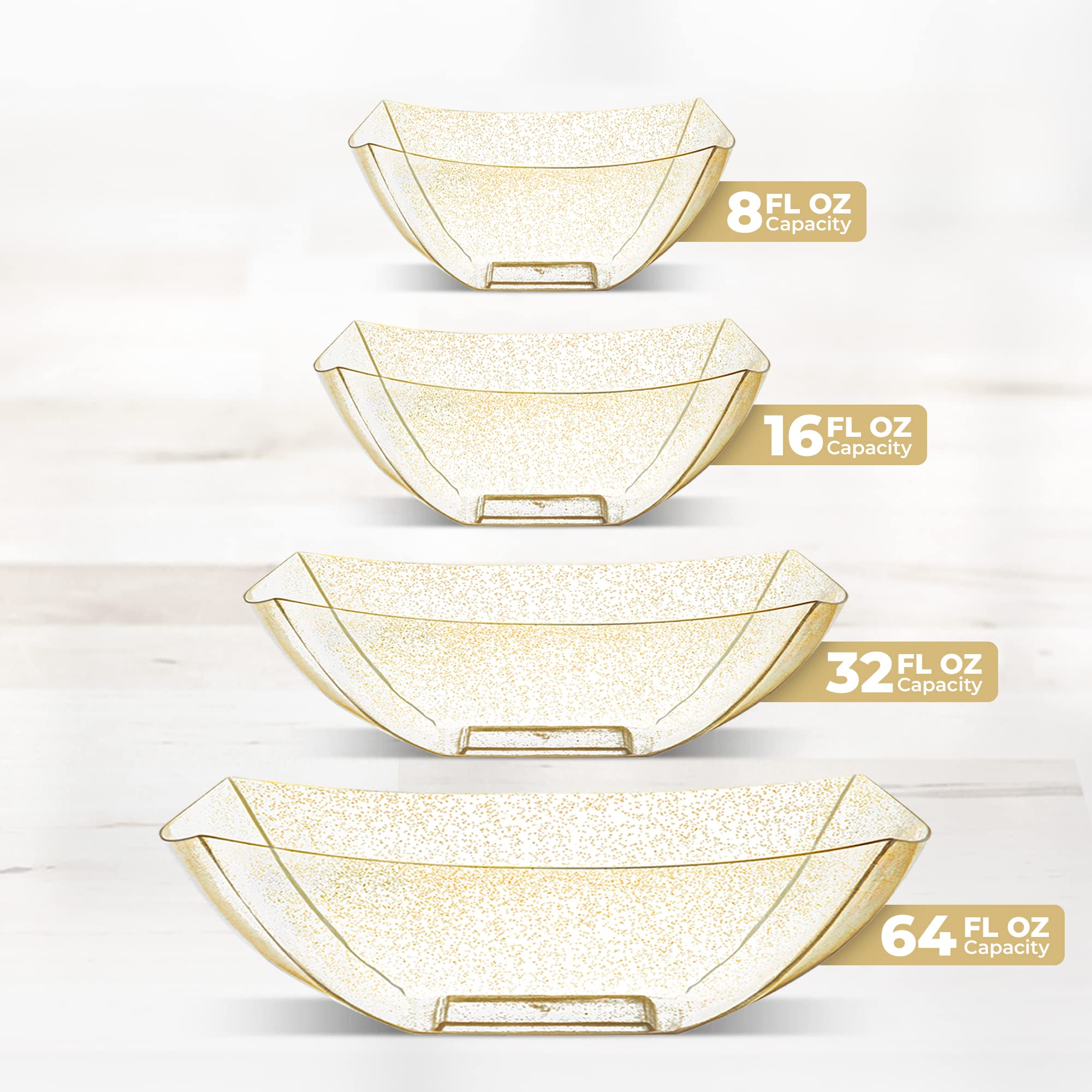 Gold Glitter Plastic Serving Bowls - 16oz Square Disposable Party Bowls (4 Pack) - Elegant Candy Buffet Containers for Weddings, Baby Showers & Birthday Celebrations
