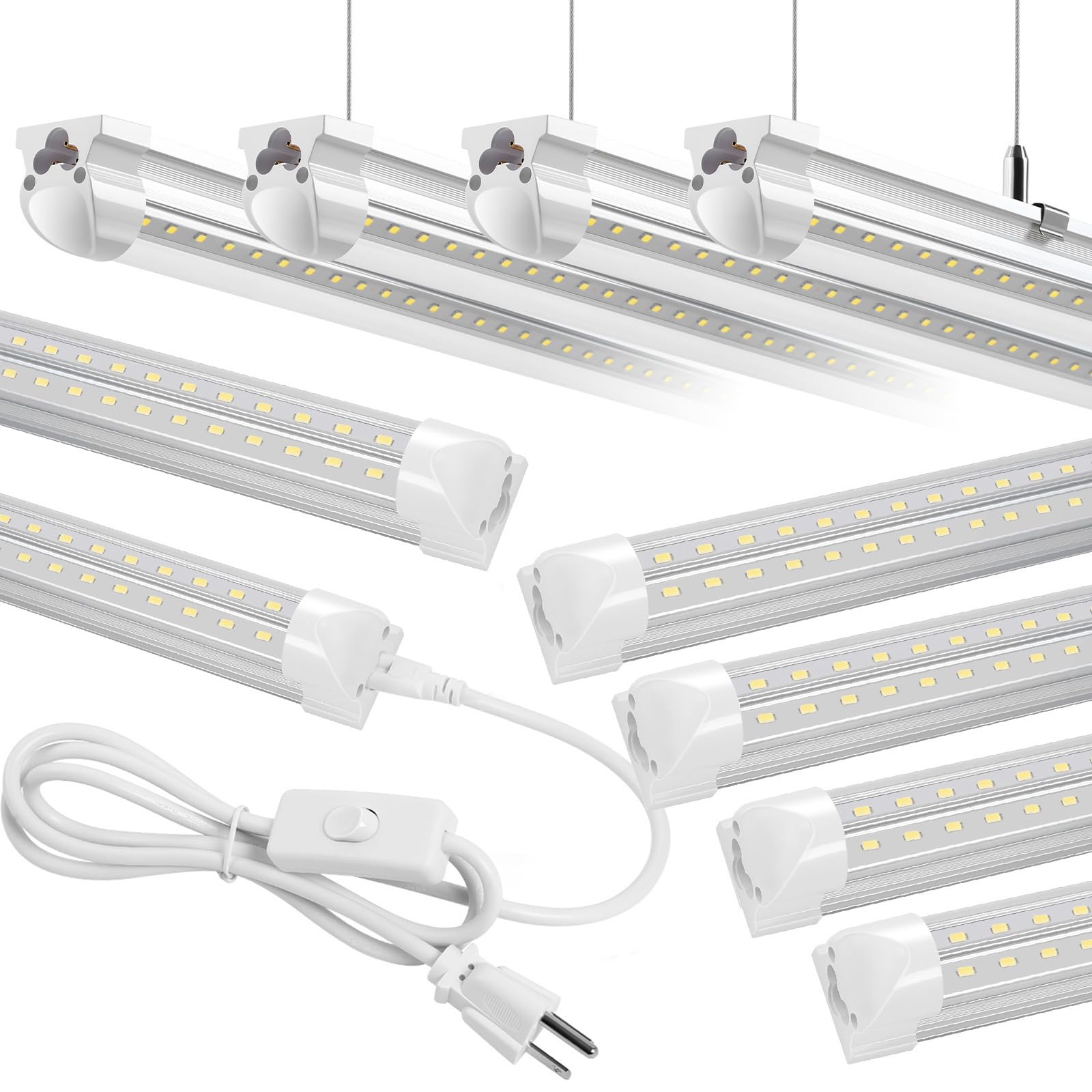 8FT LED Shop Light 8 Pack - 6000K Daylight White, 72W 11520LM High Output T8 LED Tube Lights with Plug & Play Installation, Hanging/Surface Mount Linkable Fixture for Garage, Warehouse, Workshop & Basement Lighting