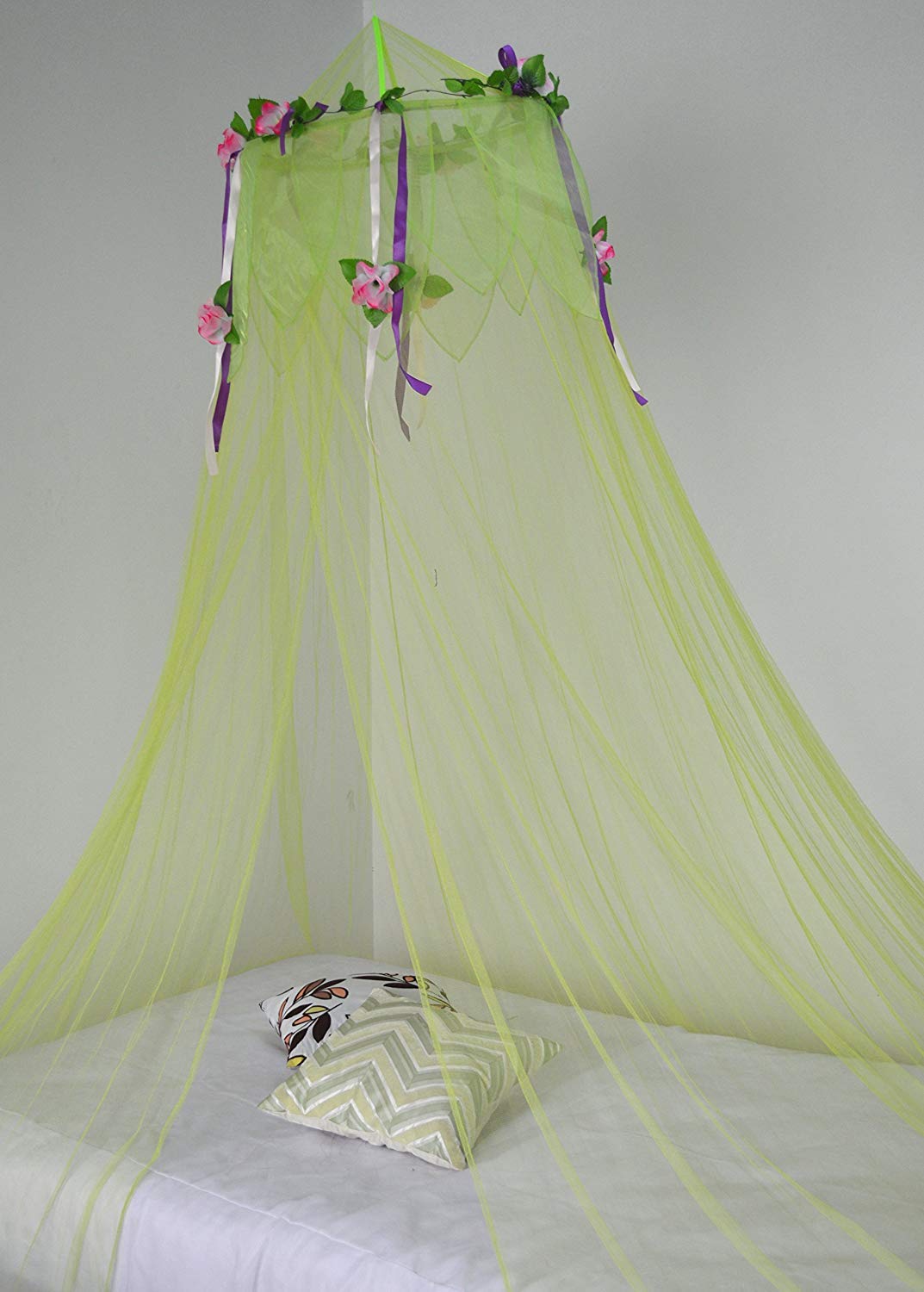 OctoRose® Bed Canopy Mosquito Net - Lime Green Flower Top Design for Queen/King Beds, Dressing Rooms & Outdoor Events | Elegant Bedroom Decor & Wedding Party Protection