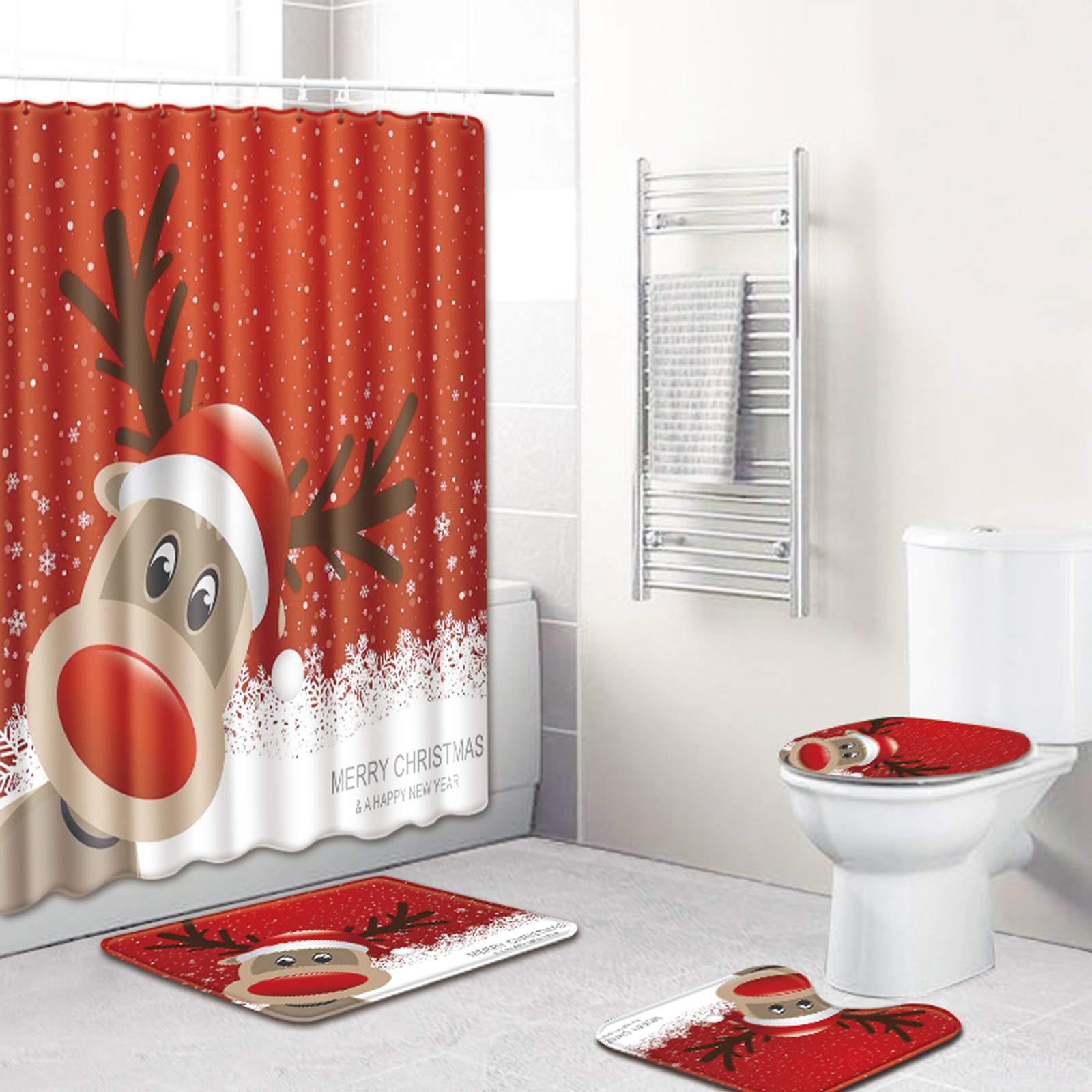 Festive Christmas Shower Curtain Set - 4 Piece Holiday Bathroom Decor with Non-Slip Rugs, Toilet Cover & Santa Claus Mat - Elk, Snowman & Tree Design - Perfect for Holiday Home Decor & Gift Giving