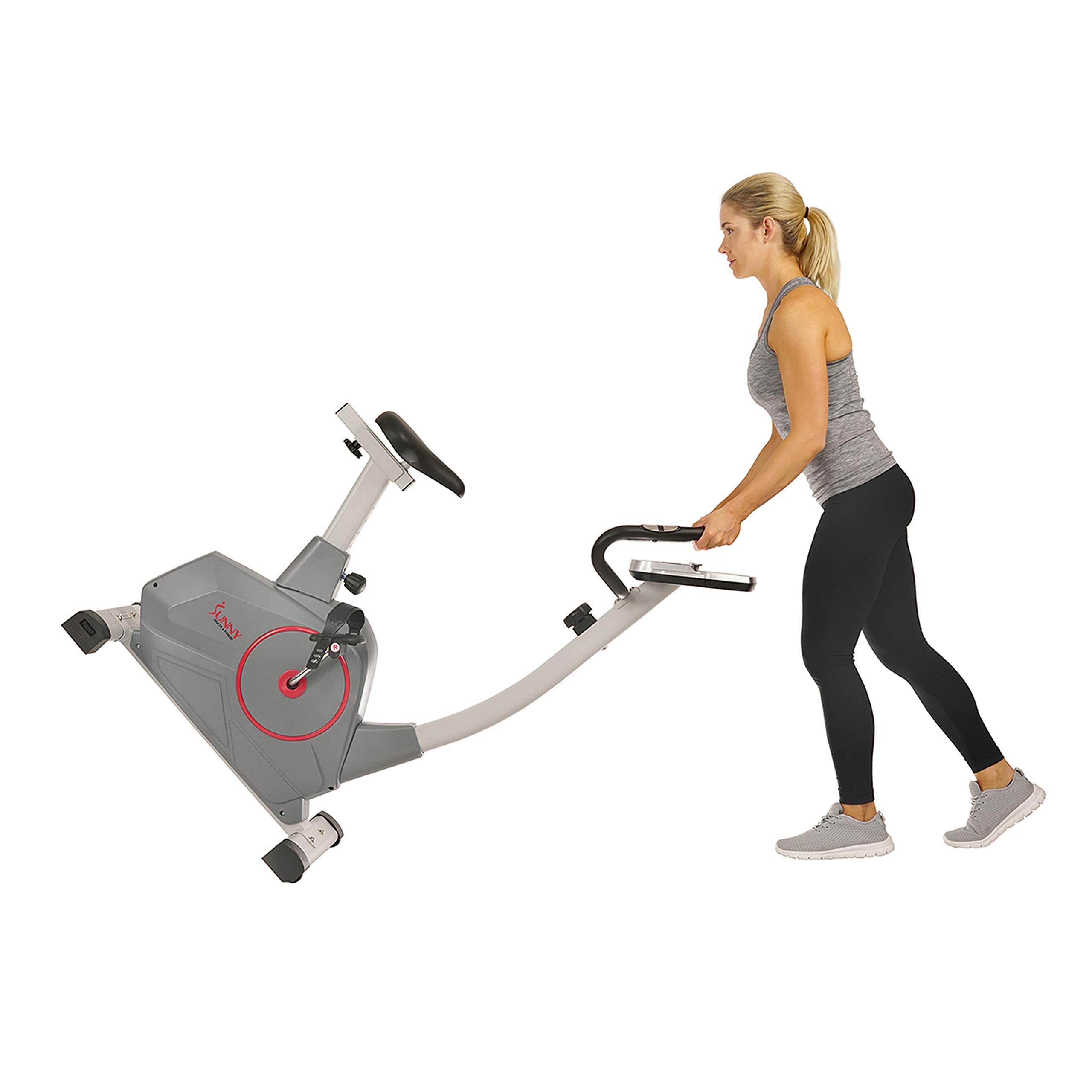 Sunny Health & Fitness Stationary Exercise Bike with Pulse Sensor, 4-Way Adjustable Seat & Bluetooth Connectivity - Home Cardio Workout Machine with Optional Resistance Bands & Free SunnyFit App - Perfect for Indoor Cycling, Weight Loss & Home Gym Training