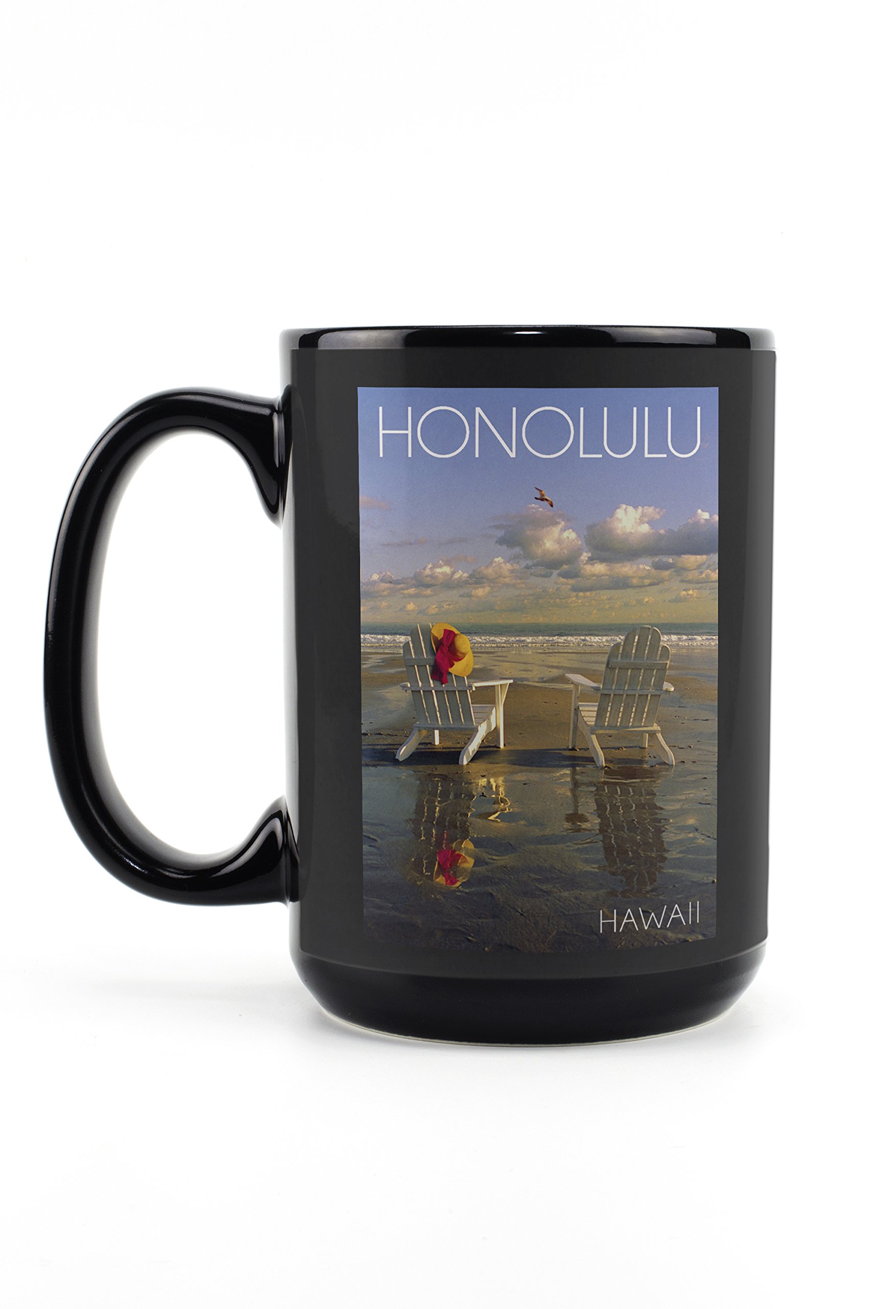 Lantern Press Honolulu Hawaii Adirondack Chairs Beach 15oz Black Ceramic Coffee Mug - Microwave & Dishwasher Safe - Perfect for Home, Office & Travel