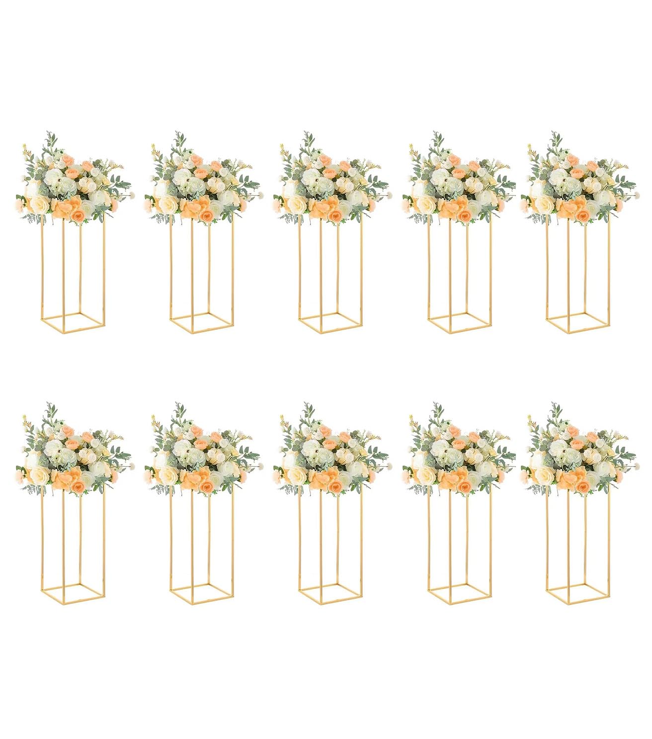 10-Piece Gold Geometric Metal Column Floral Vase Set - 23.6 Inch Wedding Centerpieces for Tables, Birthday Party & Home Event Decorations - Elegant Flower Stands for Weddings, Anniversaries and Special Occasions
