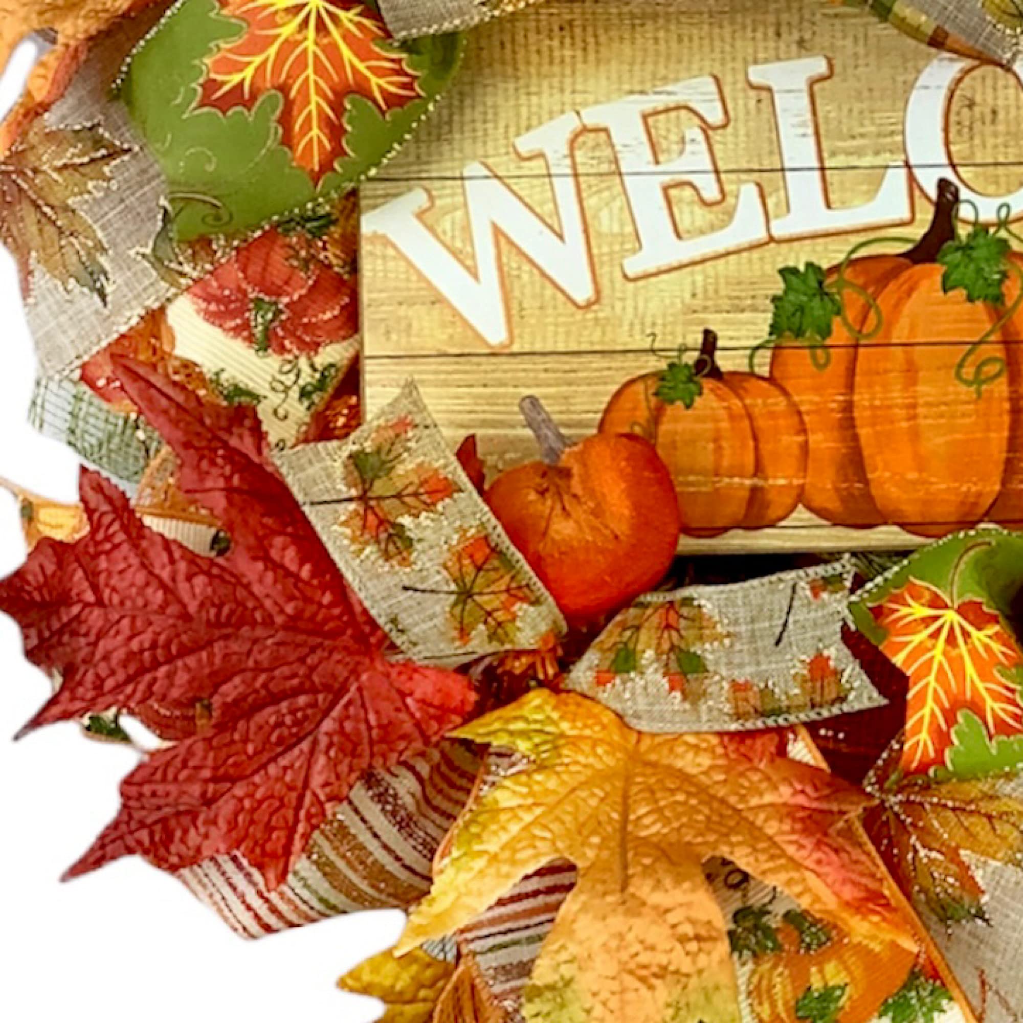 Handmade Autumn Wreath with Velvet Pumpkins & Fall Leaves - Rustic Front Door Decor for Thanksgiving, Halloween & Seasonal Home Decoration