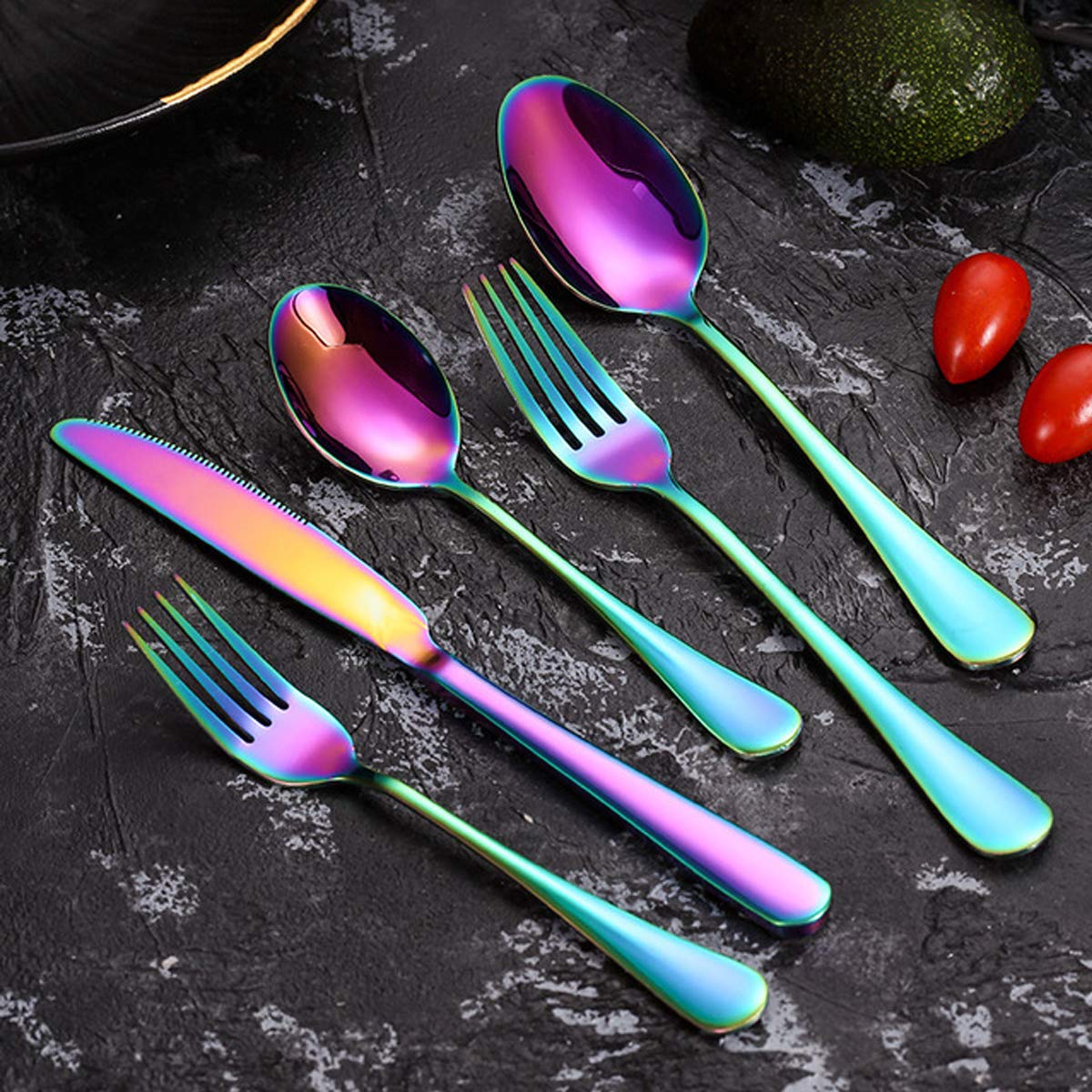 Rainbow 40-Piece Stainless Steel Silverware Set - Mirror Polished Flatware Set with 5-Compartment Non-Slip Drawer Organizer - Dishwasher Safe Cutlery for 8 Place Settings (Knives, Forks, Spoons) - Perfect for Dinner Parties, Restaurants, and Everyday Dining