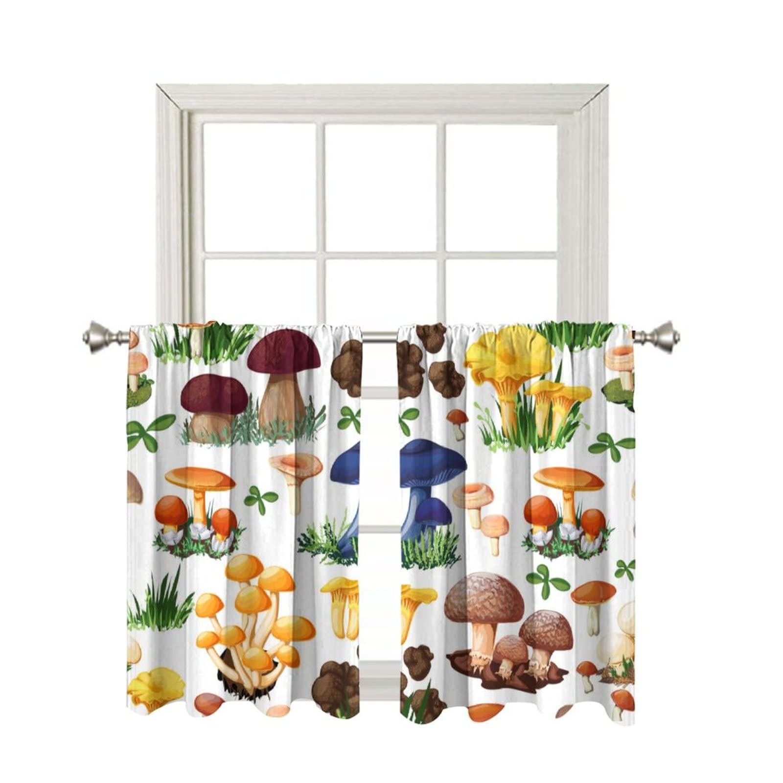 Thermal Insulated Mushroom Short Curtains 36 Inch Length - Botanical Pattern Rod Pocket Window Curtains for Kitchen, Bathroom, Bedroom - 2 Panel Set (30