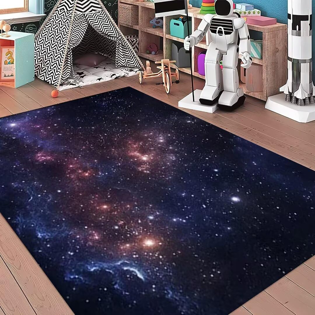 3D Galaxy Area Rug - Non-Slip Outer Space Themed Floor Mat for Kids Bedroom, Nursery & Playroom - Soft Crawling Carpet for Boys - Perfect for Dining Room & Kitchen (3'×5') - Ideal for Space-Themed Decor & Child Safety