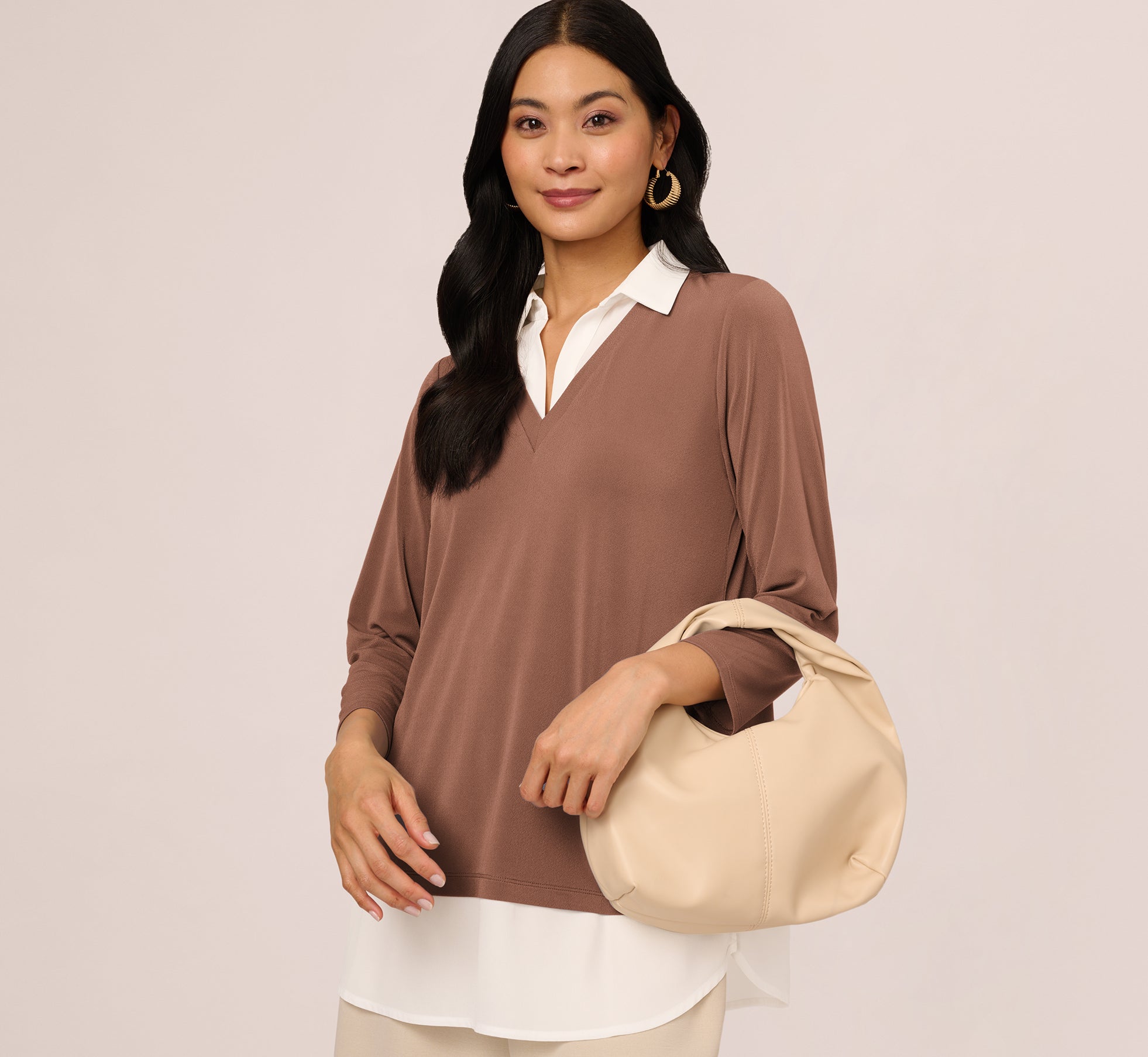Elderberry Ivory Twofer Sweater with Three Quarter Sleeve and Collar - Perfect for Office Wear, Casual Outfits, and Fall Layering