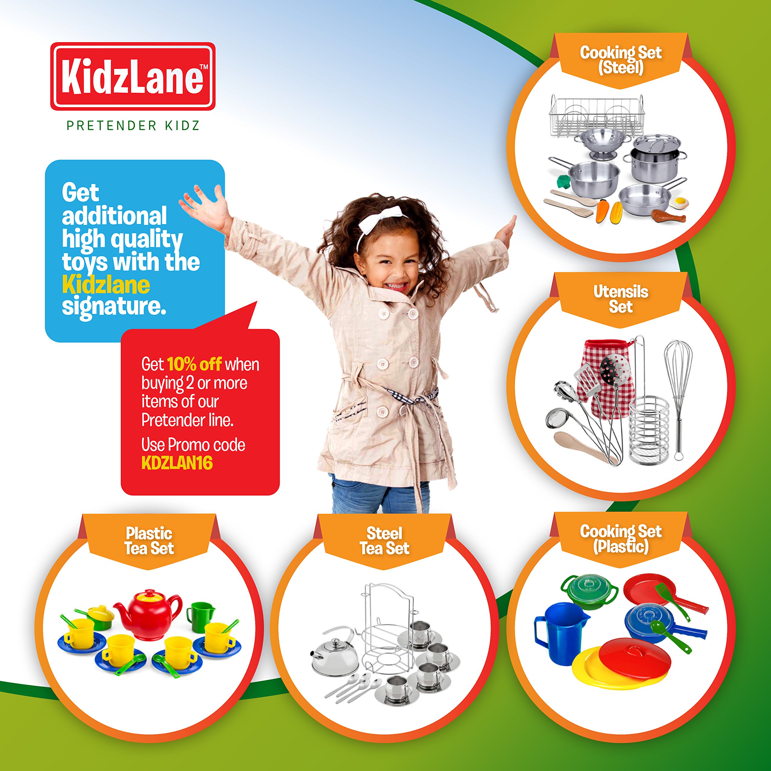 Kidzlane Kids & Toddler Play Kitchen Accessories Set - 24-Piece Dishwasher Safe Plastic Toy Dishes, Plates & Utensils - Pretend Play Kitchen Toys for Toddlers & Preschoolers - Perfect for Role Play, Birthday Gifts & Early Learning Development